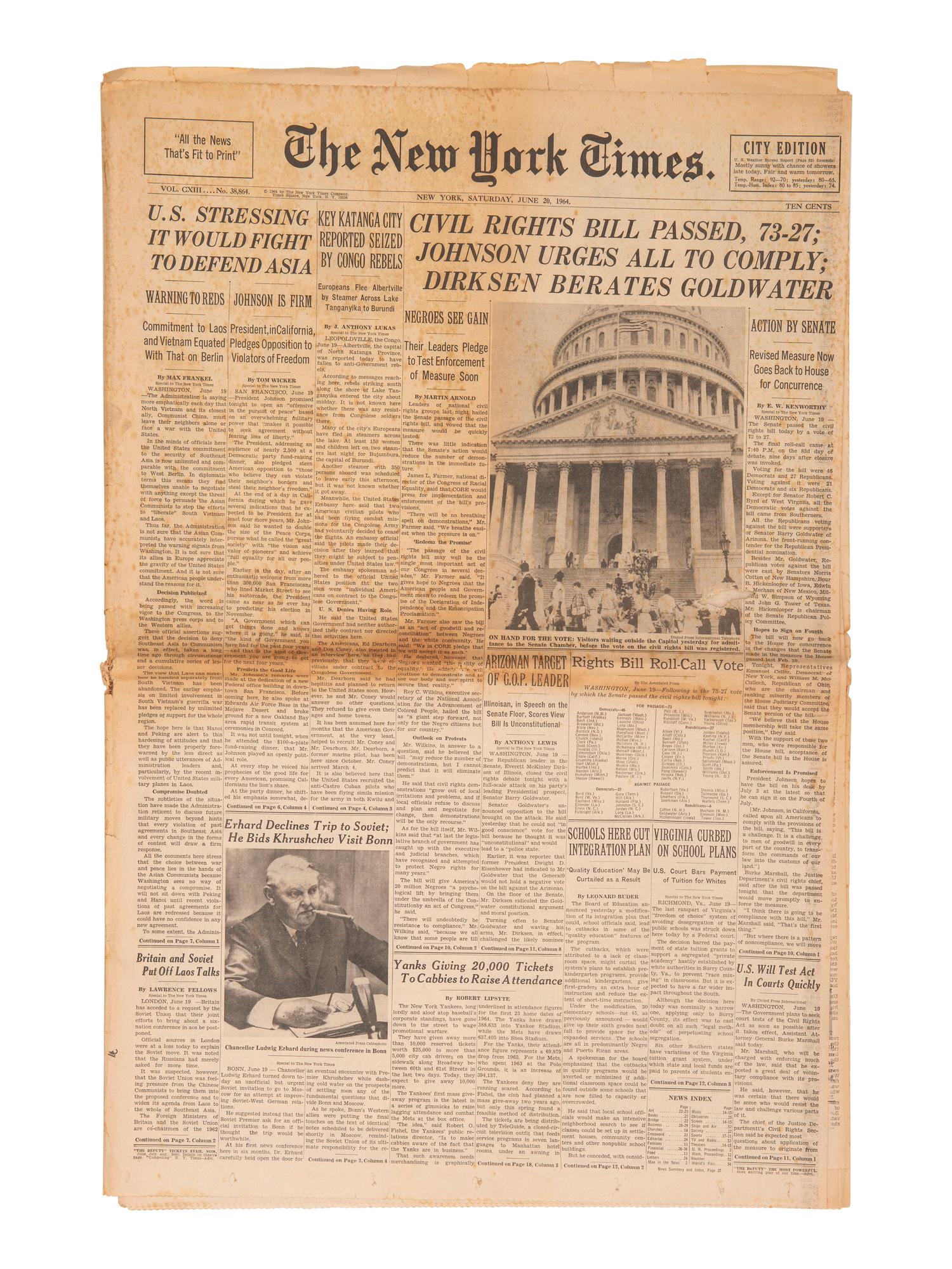 [CIVIL RIGHTS]. New York Times . 5 issues featuring headlines covering milestones of the 1950s-1960s.