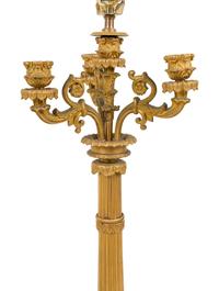 A Pair of Charles X Gilt Bronze Three-Light Candelabra Mounted as Lamps