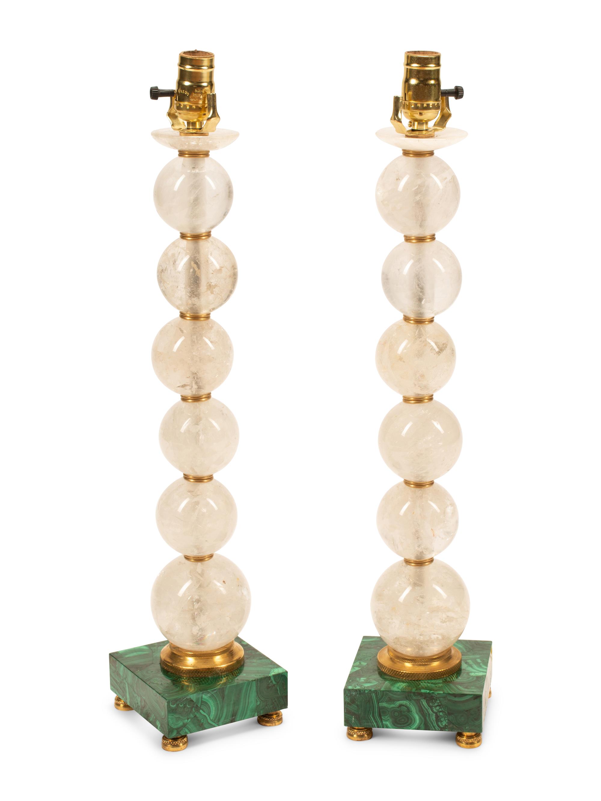A Pair of Rock Crystal Lamps with Malachite Bases