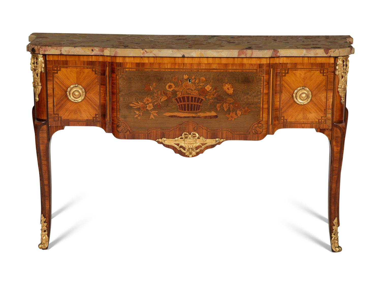 A Louis XV Style Gilt Bronze Mounted Kingwood and Marquetry Marble-Top Commode