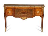 A Louis XV Style Gilt Bronze Mounted Kingwood and Marquetry Marble-Top Commode