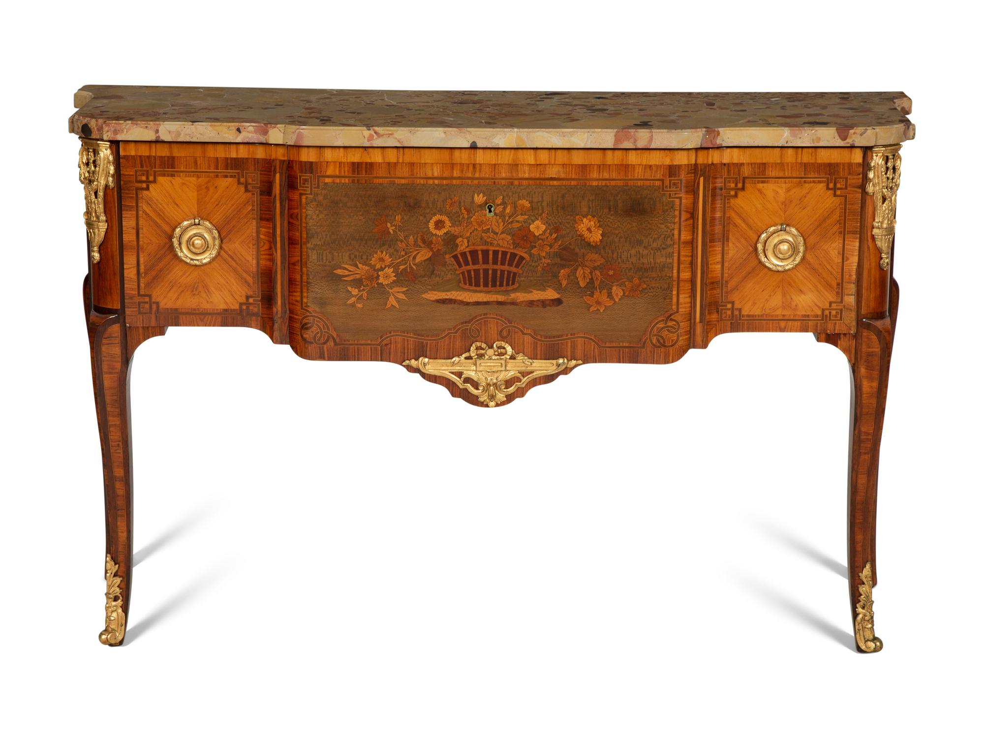 A Louis XV Style Gilt Bronze Mounted Kingwood and Marquetry Marble-Top Commode