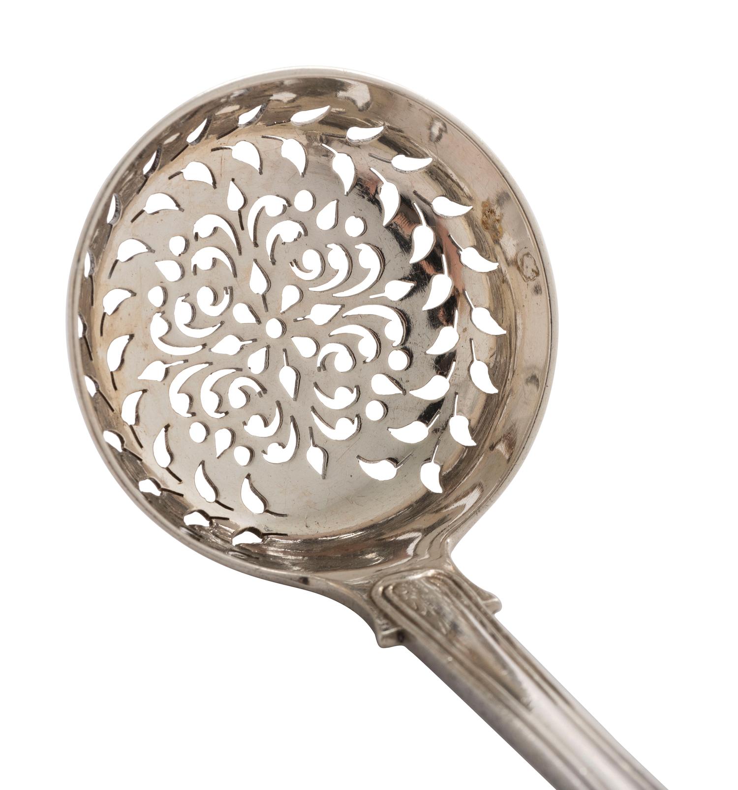An English Silver Cranberry Spoon, Sauce Ladle and Slotted Ladle