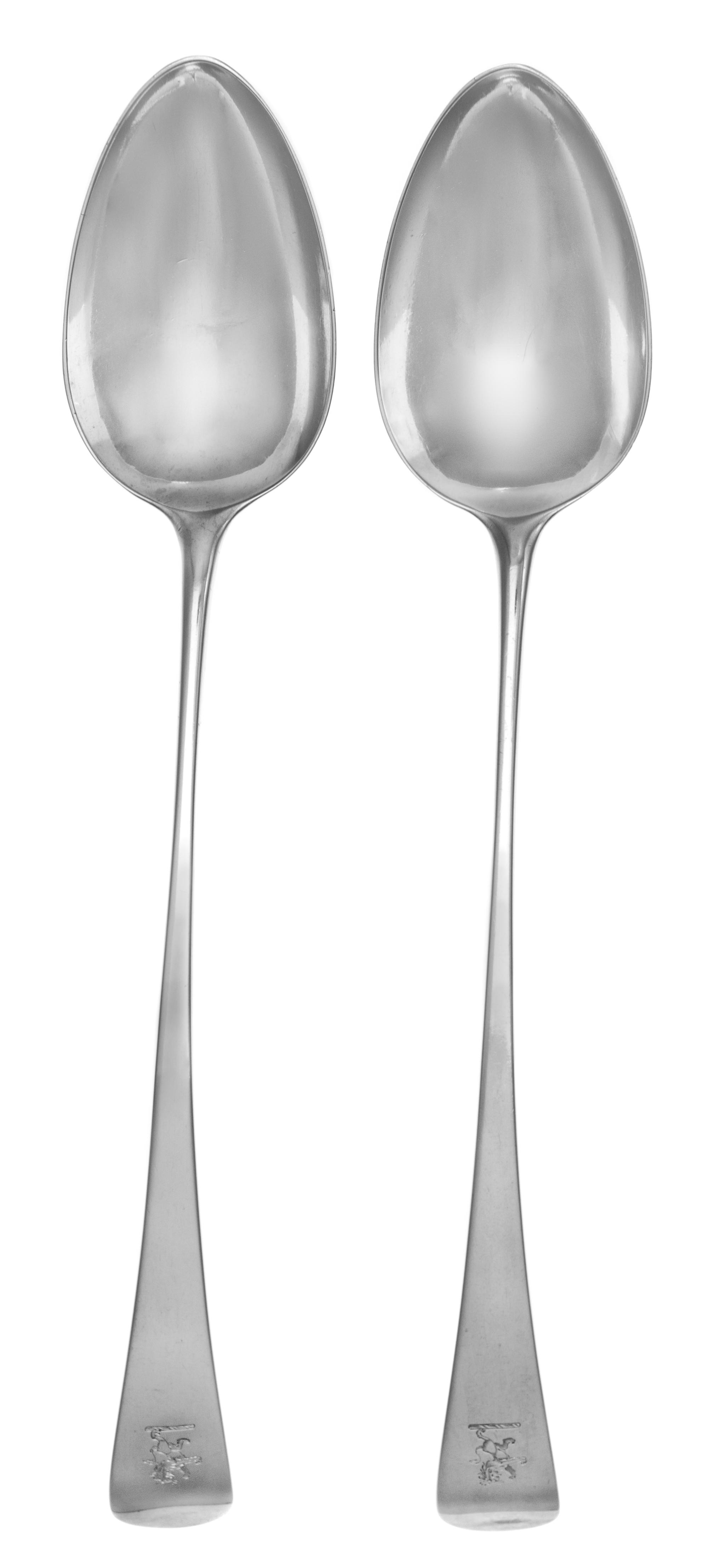 A Pair of George III Silver Stuffing Spoons, Stephen Adams II, London, 1793, each having a downturned handle engraved with a lion rampa