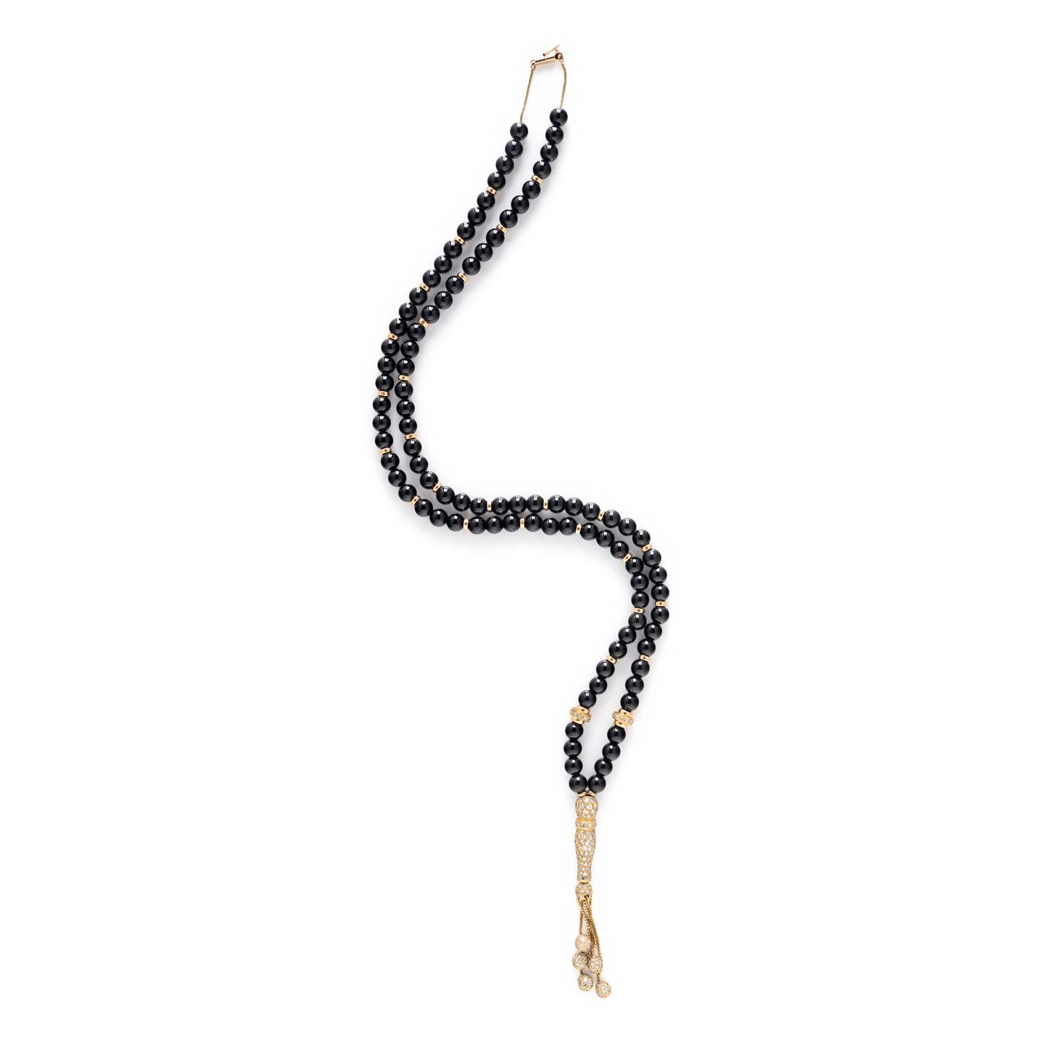 ONYX, DIAMOND, AND YELLOW GOLD BEAD NECKLACE