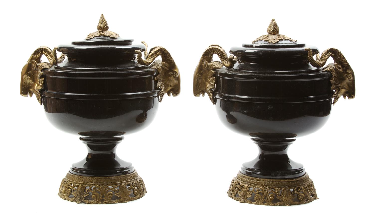A Pair of Continental Marble and Gilt Bronze Mounted Urns, Height 13 inches.