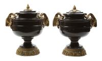 A Pair of Continental Marble and Gilt Bronze Mounted Urns, Height 13 inches.