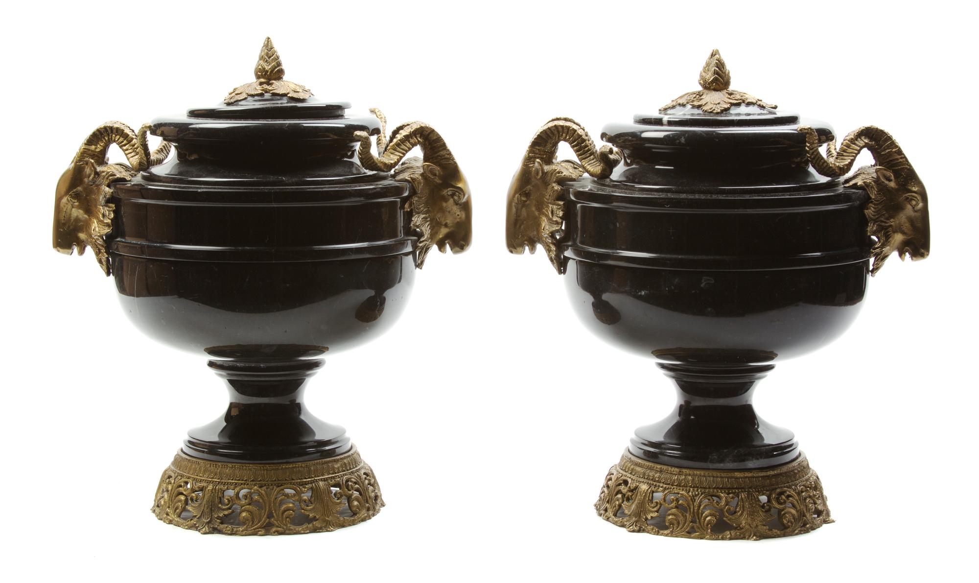 A Pair of Continental Marble and Gilt Bronze Mounted Urns, Height 13 inches.