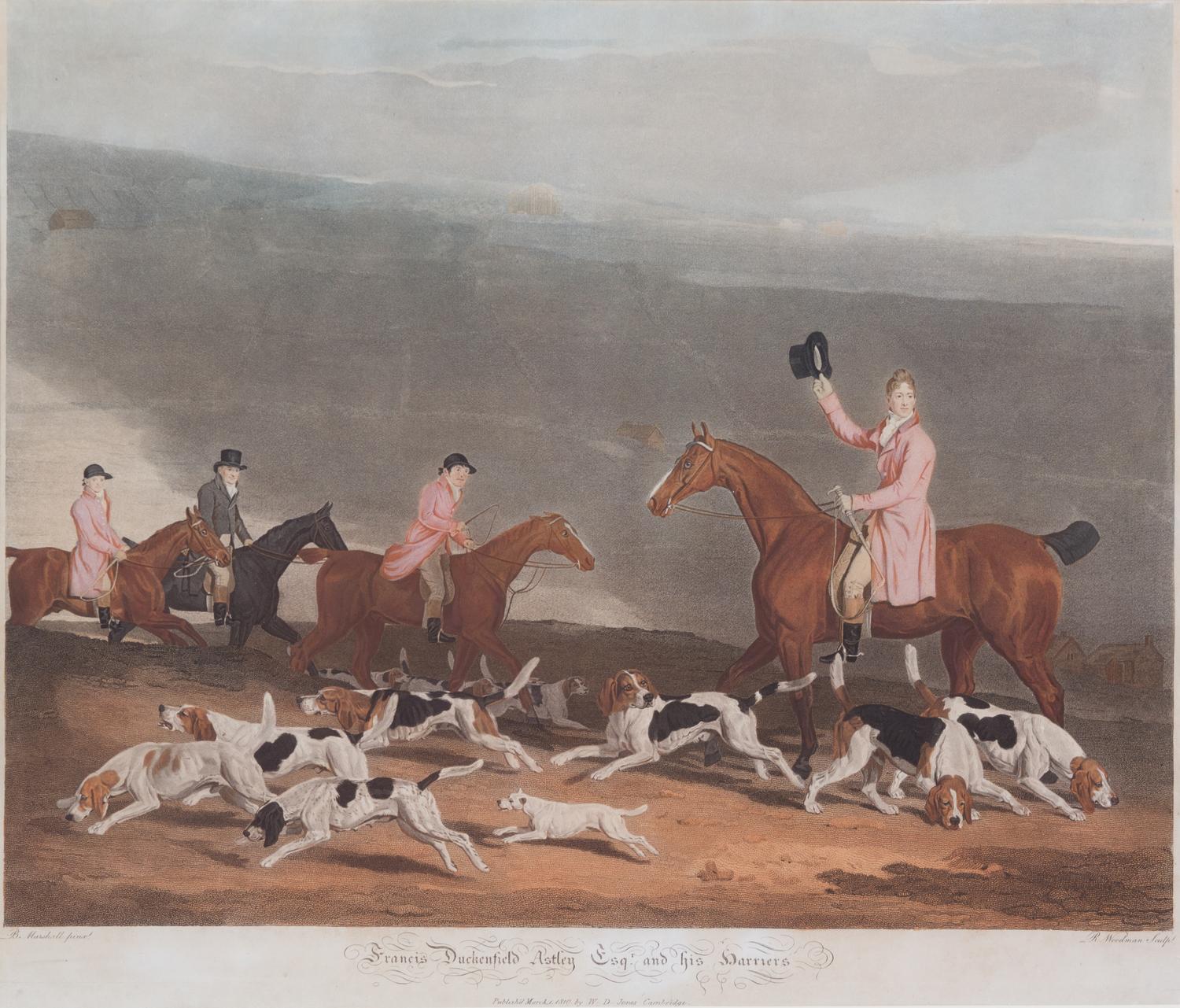 Benjamin MARSHALL, after - Richard WOODMAN, engraver Image 18 3/4 x 24 inches. — Francis Duckenfield Astley Esq. and His Harriers - The Earl of Darlington and his Fox Hounds