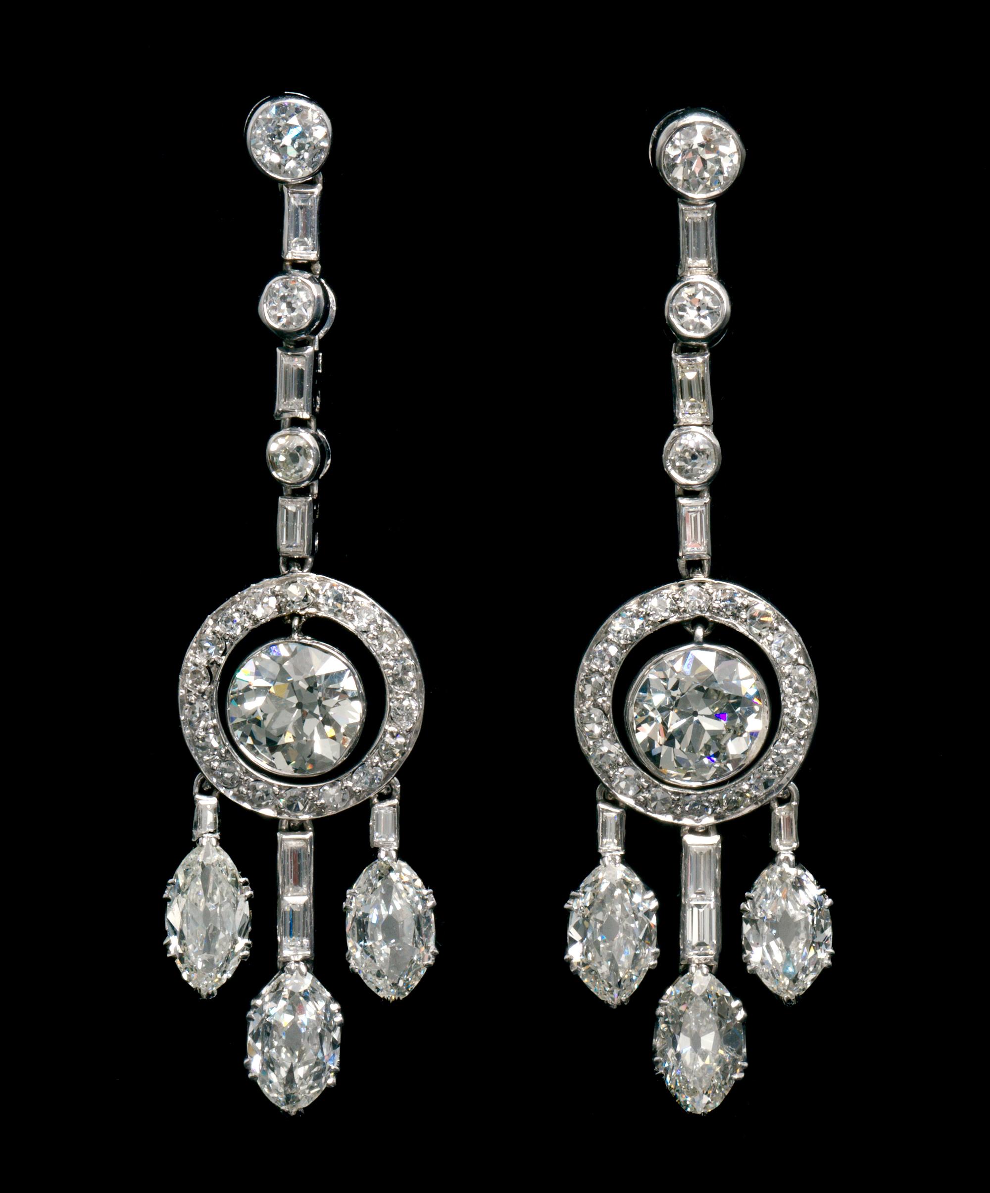 A Pair of Art Deco Platinum and Diamond Dangle Earrings, 7.80 dwts.