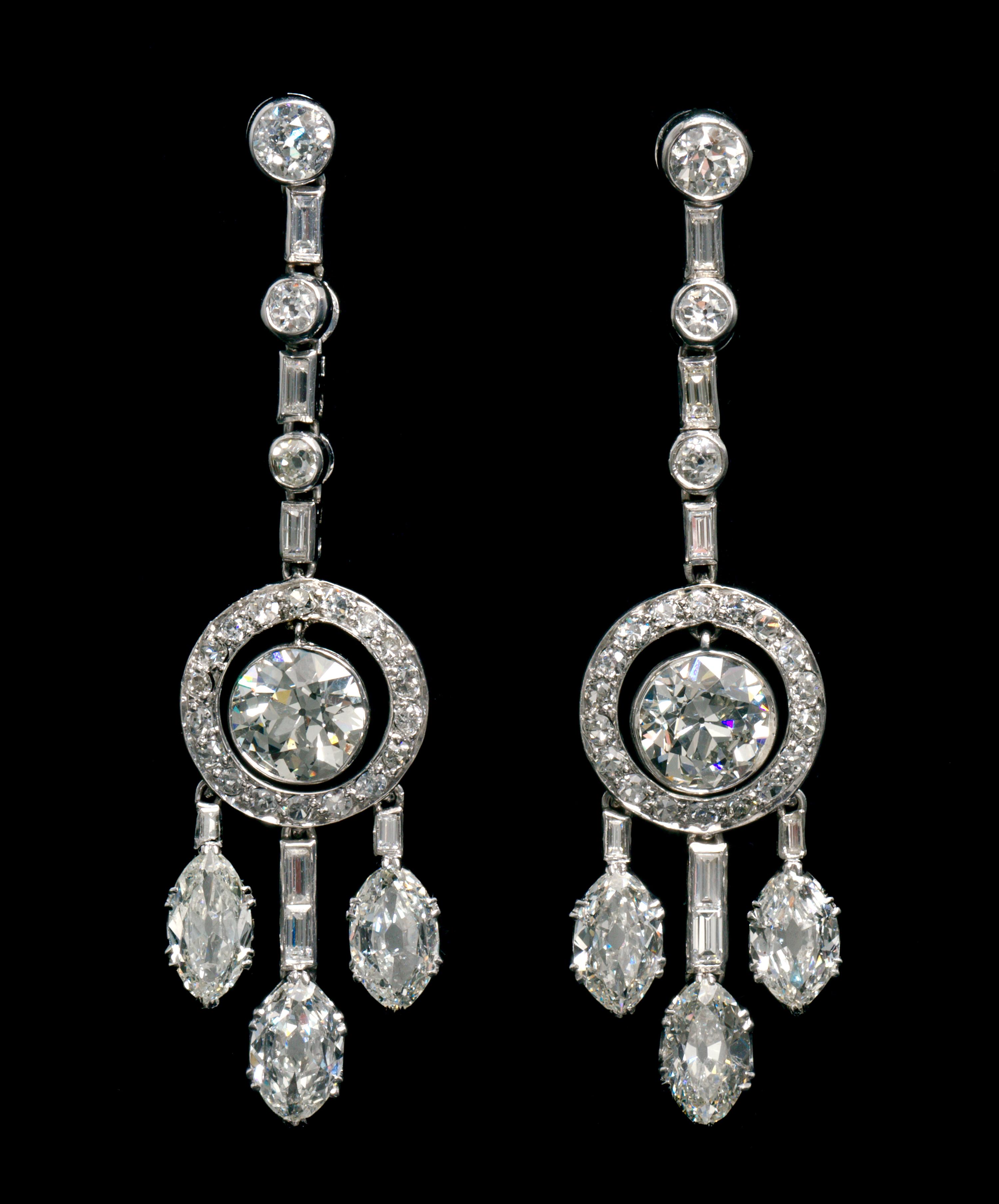 A Pair of Art Deco Platinum and Diamond Dangle Earrings, 7.80 dwts.
