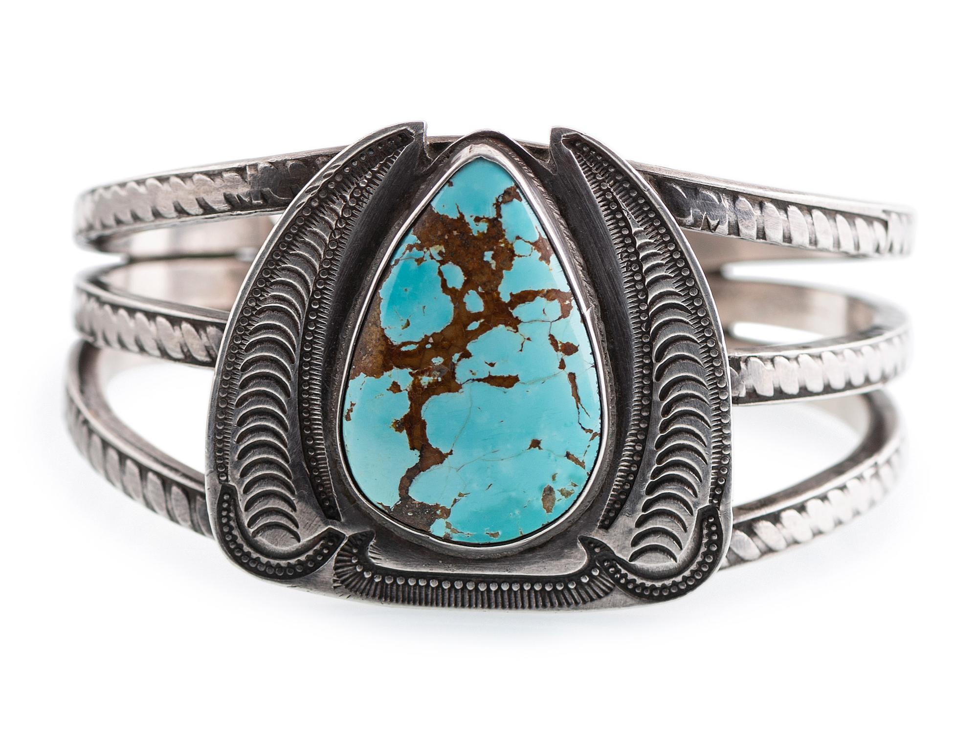 Navajo Stamped Silver Cuff Bracelet, with #8 Turquoise