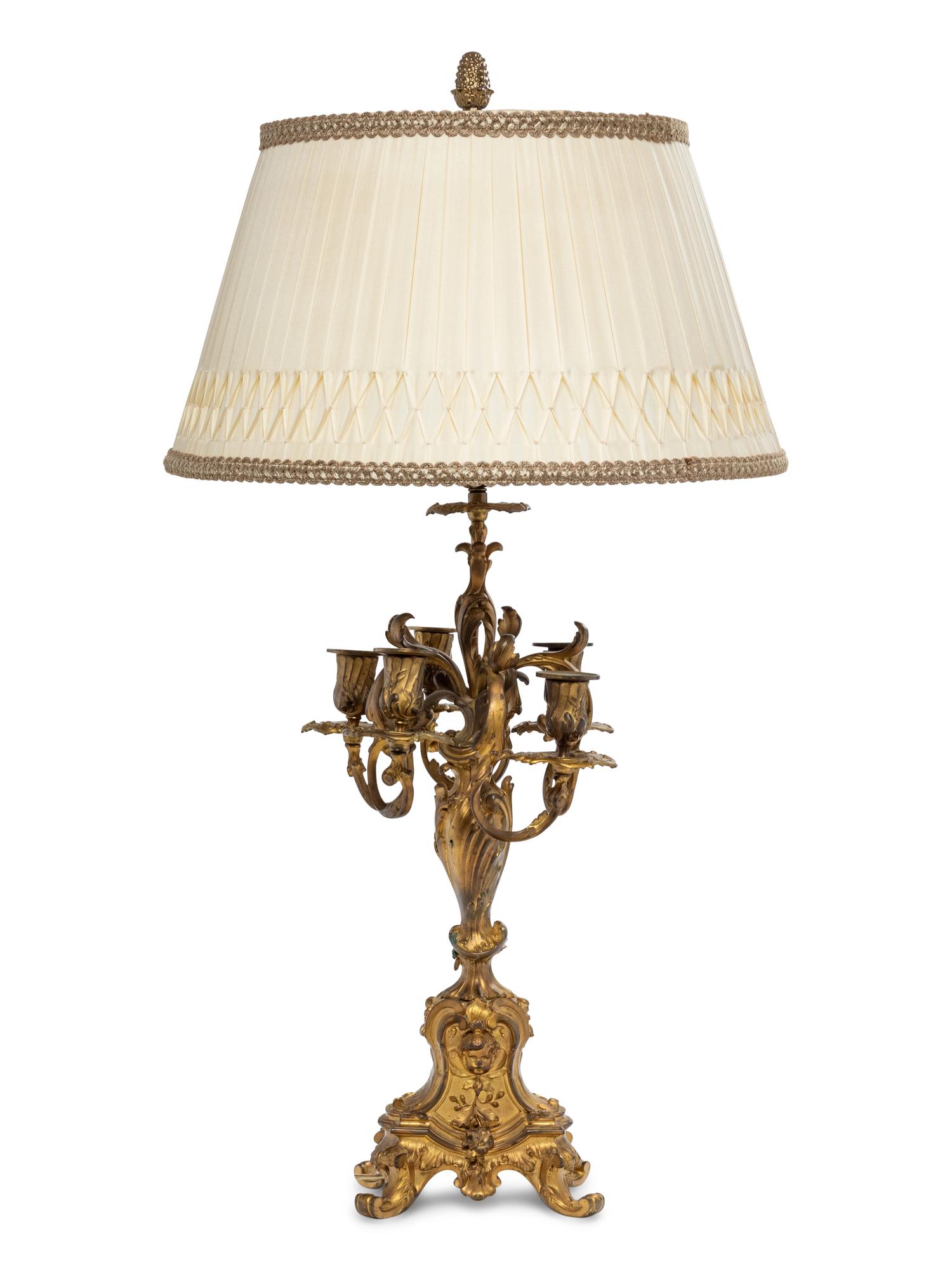 A Louis XV Style Gilt Bronze Five-Light Candelabrum Mounted as a Lamp