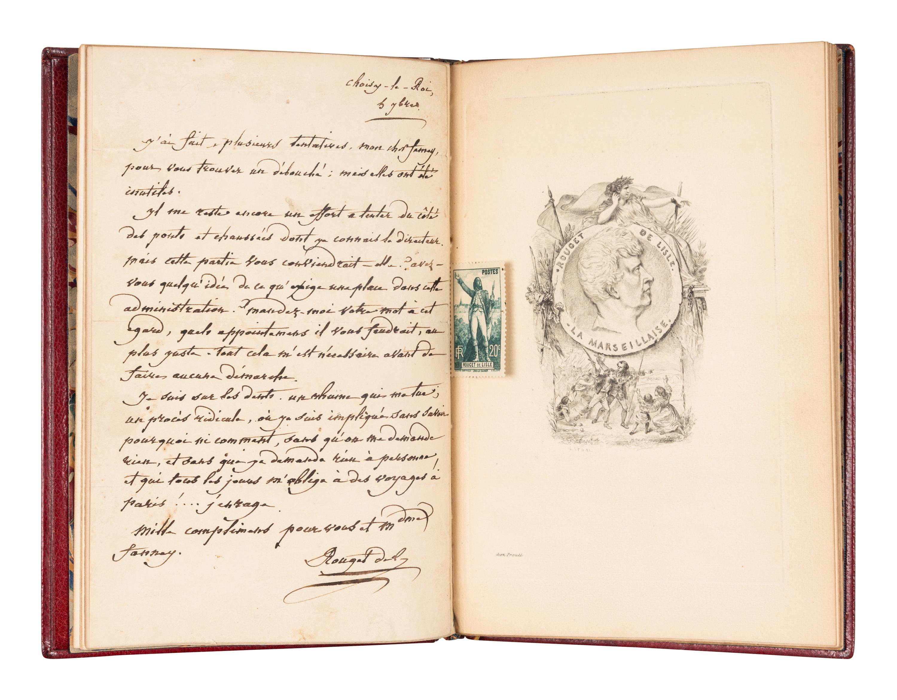 ROUGET DE LISLE, Claude Joseph (1760-1836). Autograph letter signed ("J. Rouget de Lisle"), as former officer with the French Royal Corps of Engineer to Monsieur Fauncy. Choisy-le-Roi, 6 September 1830.