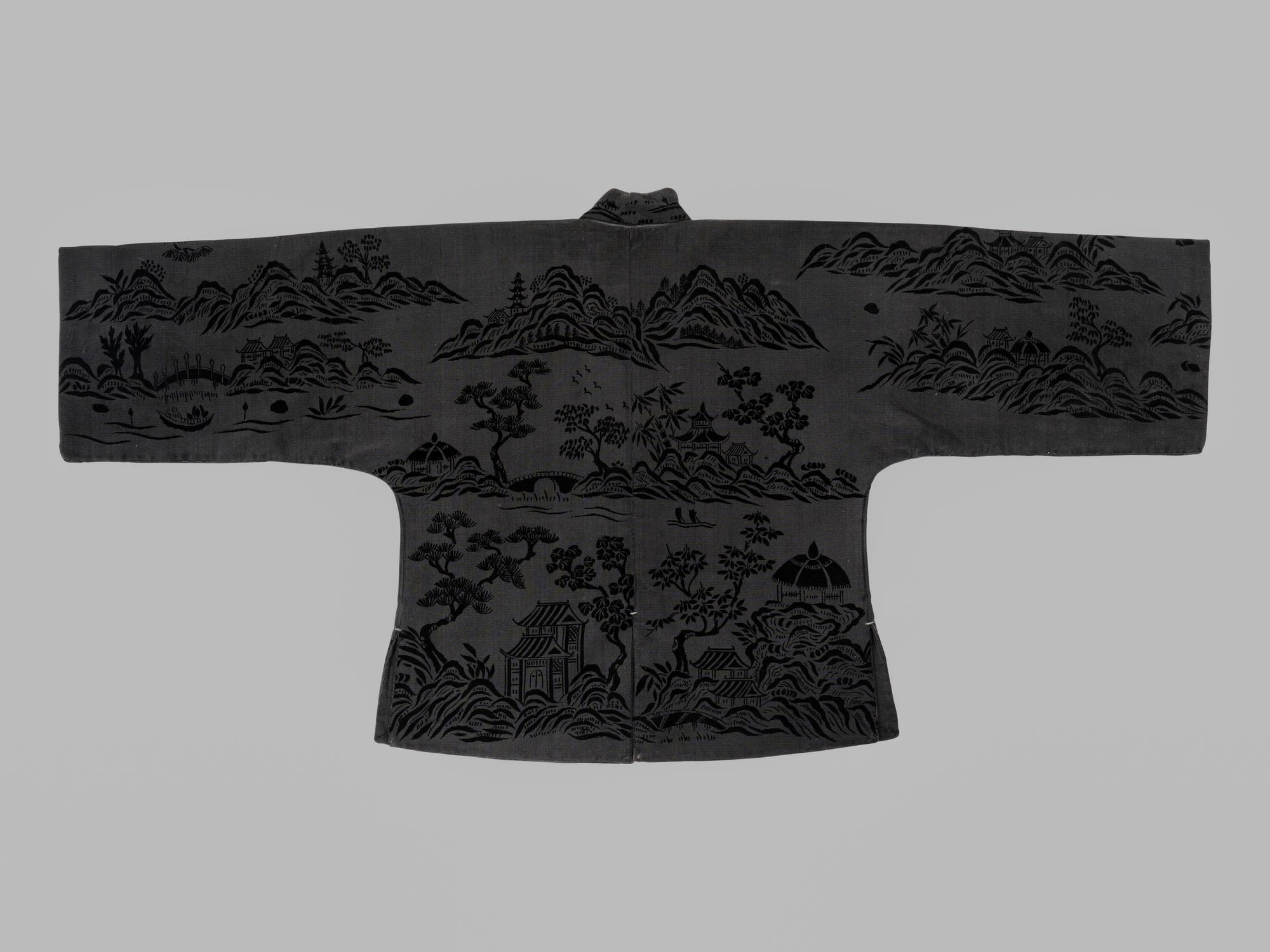 A Chinese Black Ground Silk Twill and Cut Velvet Jacket