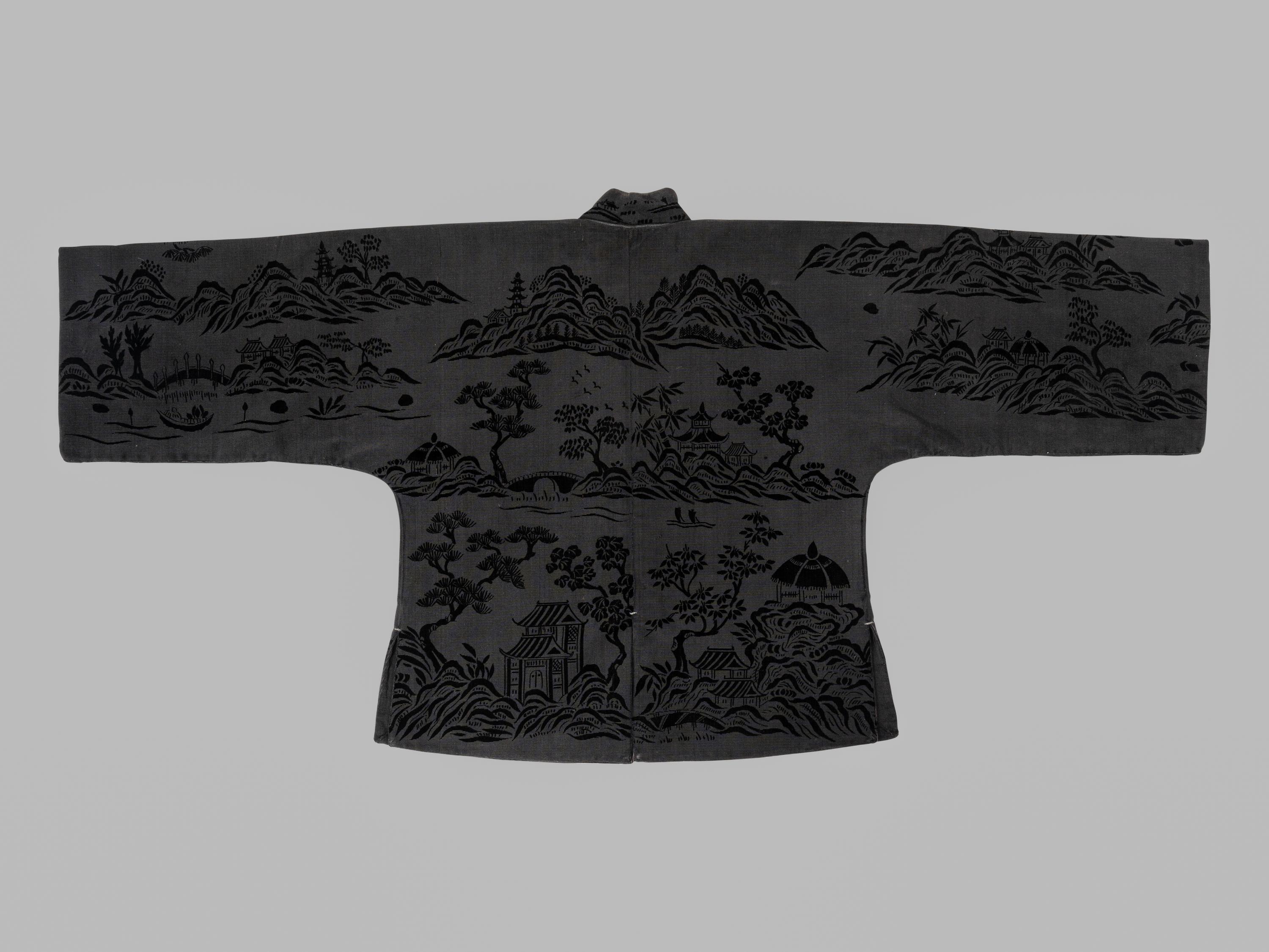 A Chinese Black Ground Silk Twill and Cut Velvet Jacket