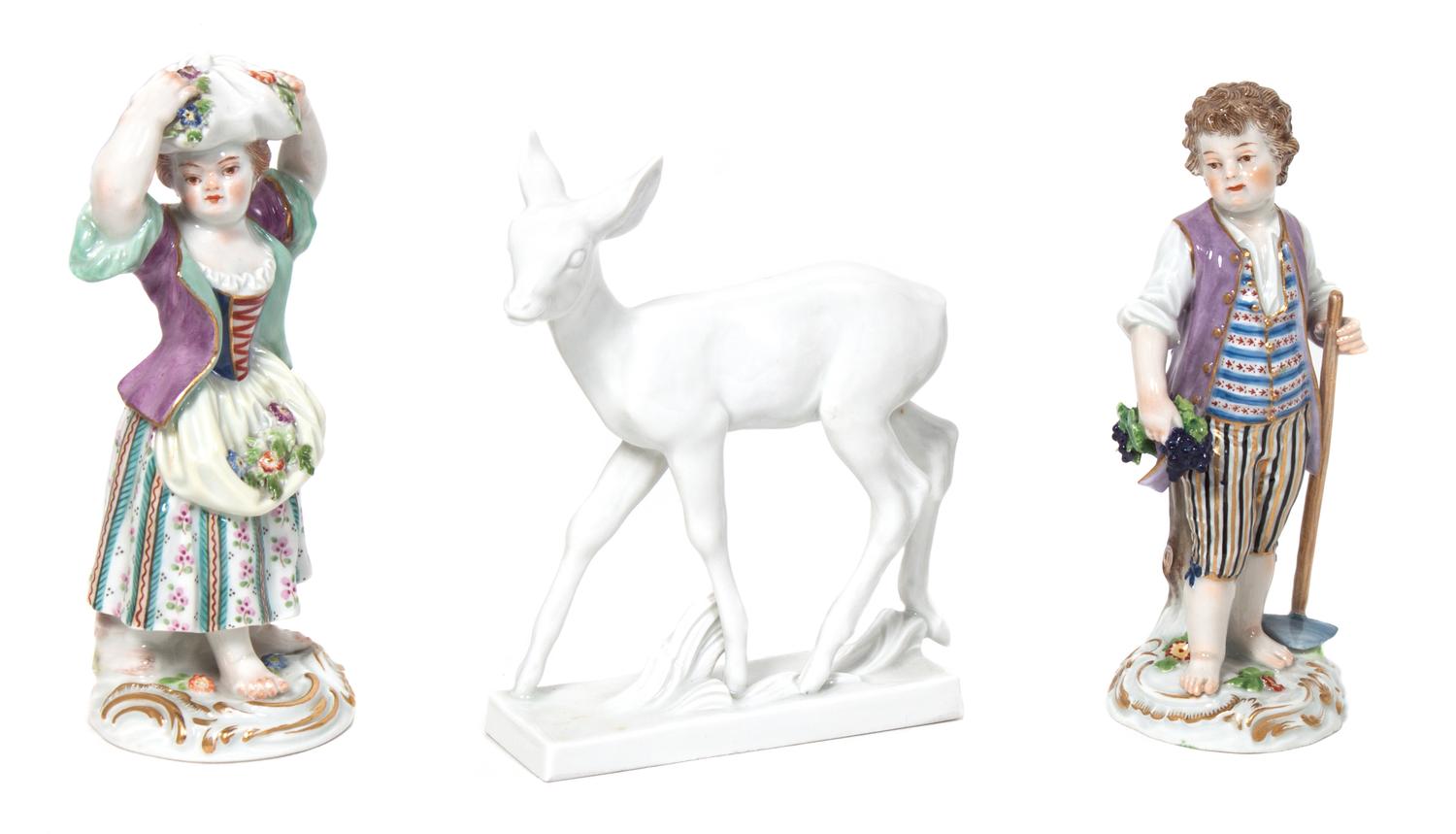 Three Meissen Figures Height of tallest 5 3/8 inches.