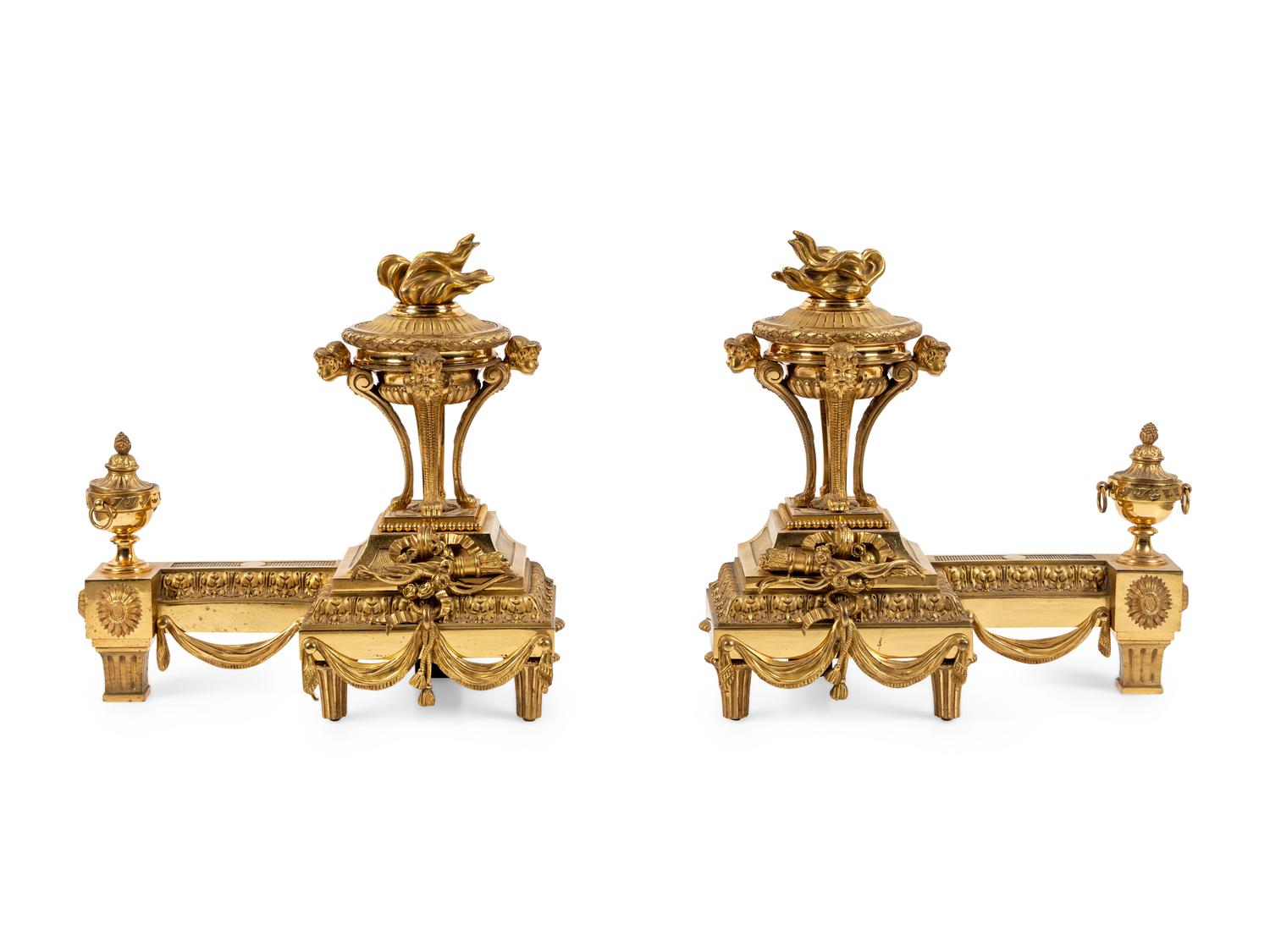 A Pair of French Neoclassical Gilt Bronze Chenets
