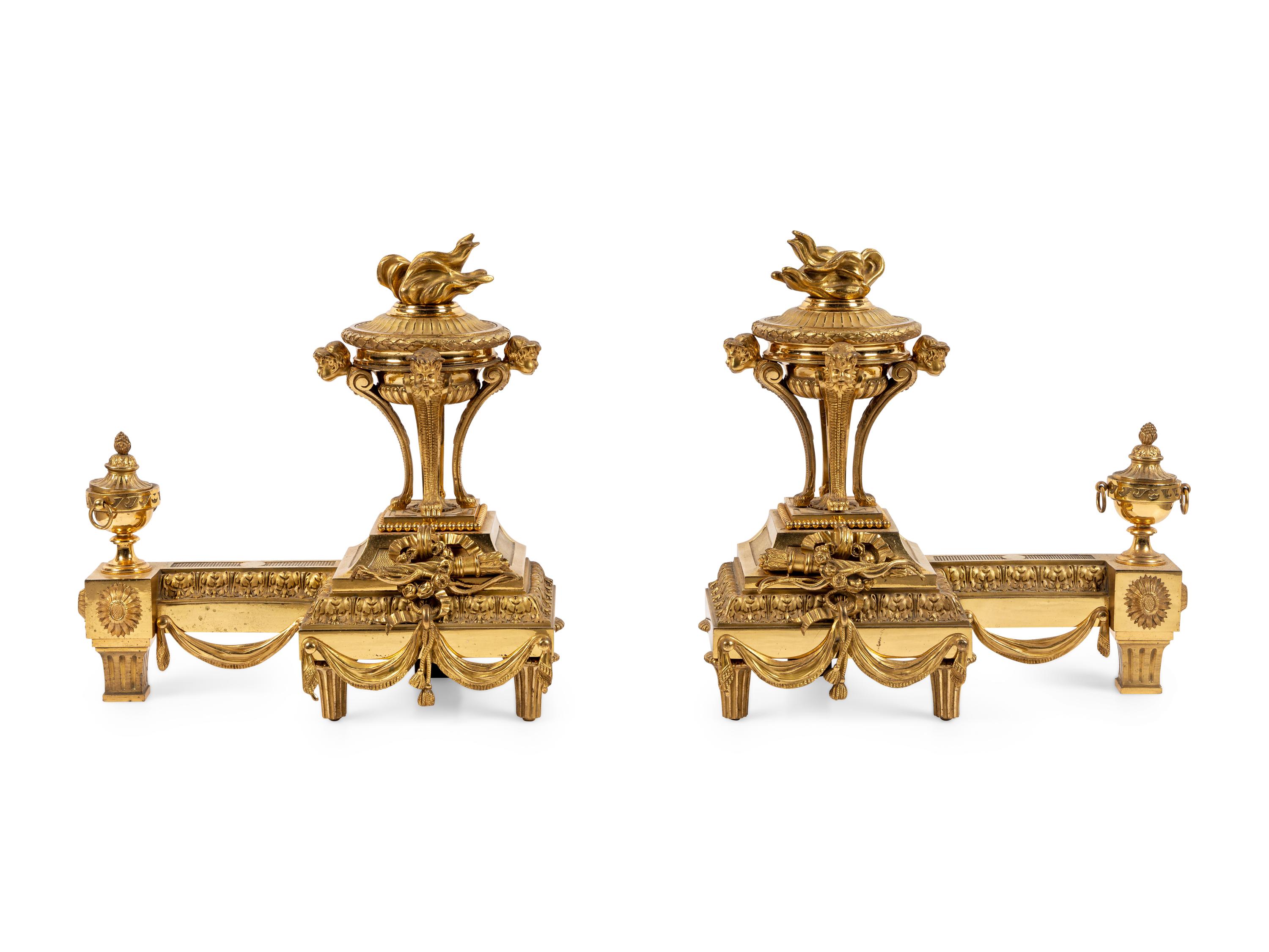 A Pair of French Neoclassical Gilt Bronze Chenets