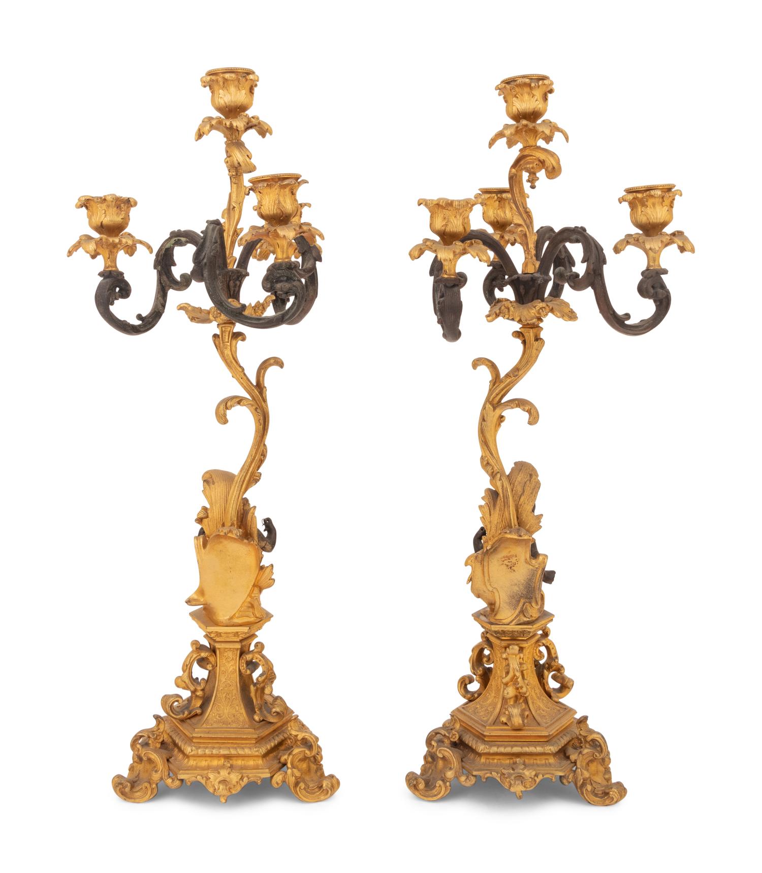 A Pair of Continental Gilt and Patinated Bronze Four-Light Candelabra