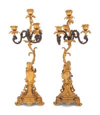 A Pair of Continental Gilt and Patinated Bronze Four-Light Candelabra