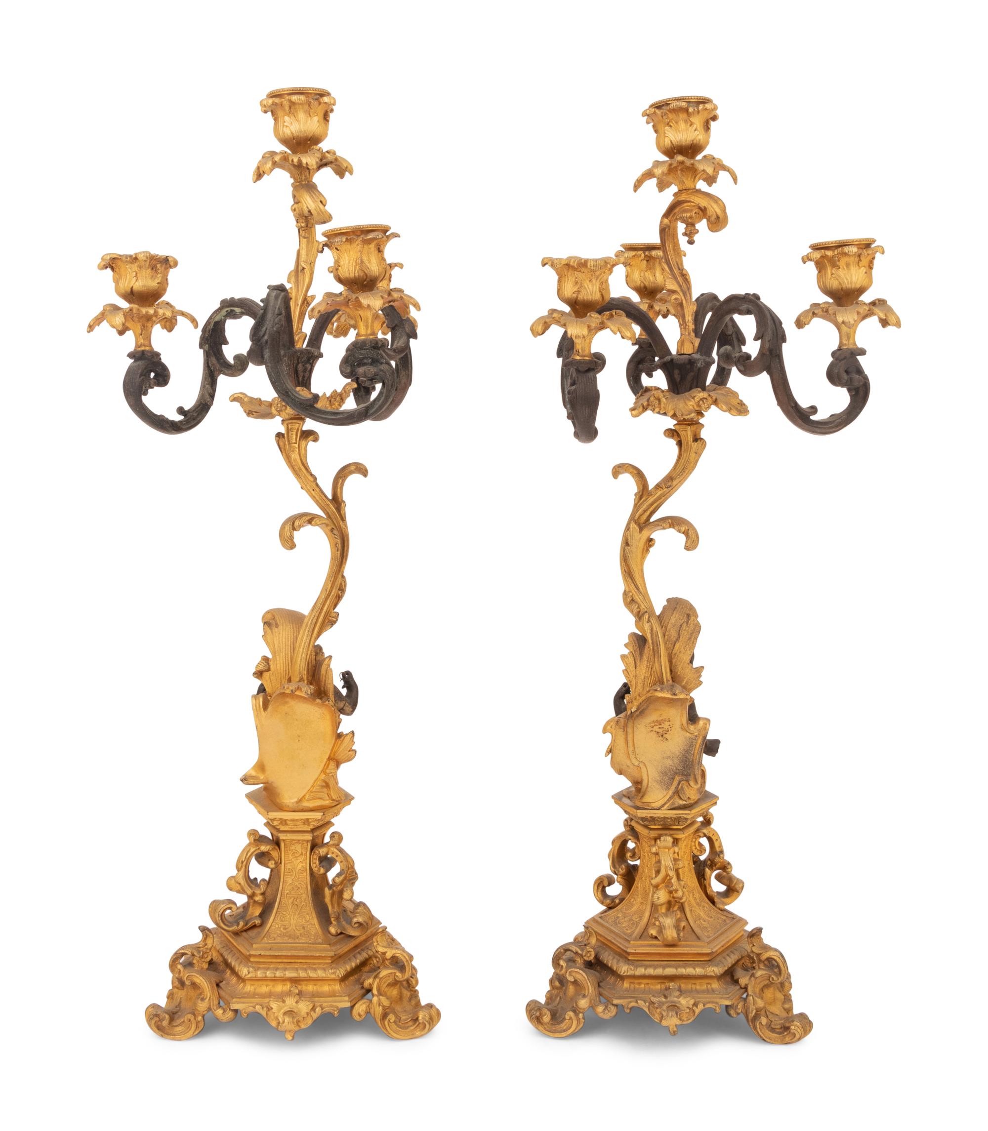 A Pair of Continental Gilt and Patinated Bronze Four-Light Candelabra