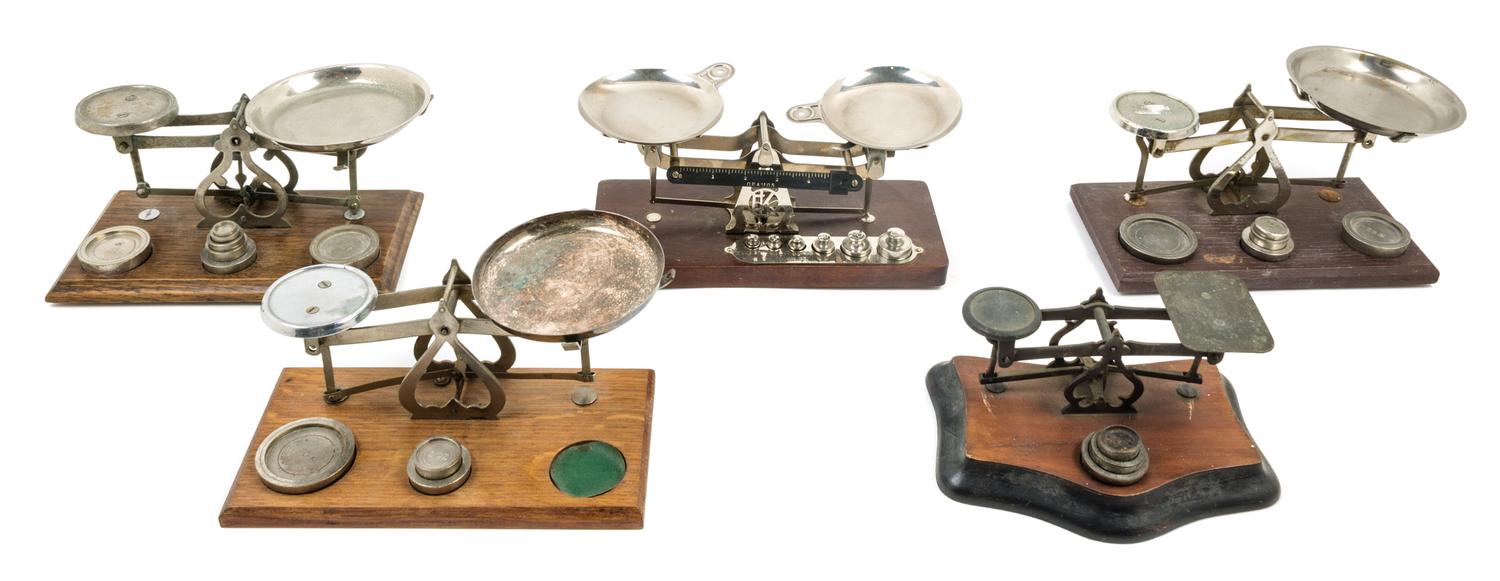 A Group of Four Nickel-Plated Balance Scales Width of widest 9 inches.