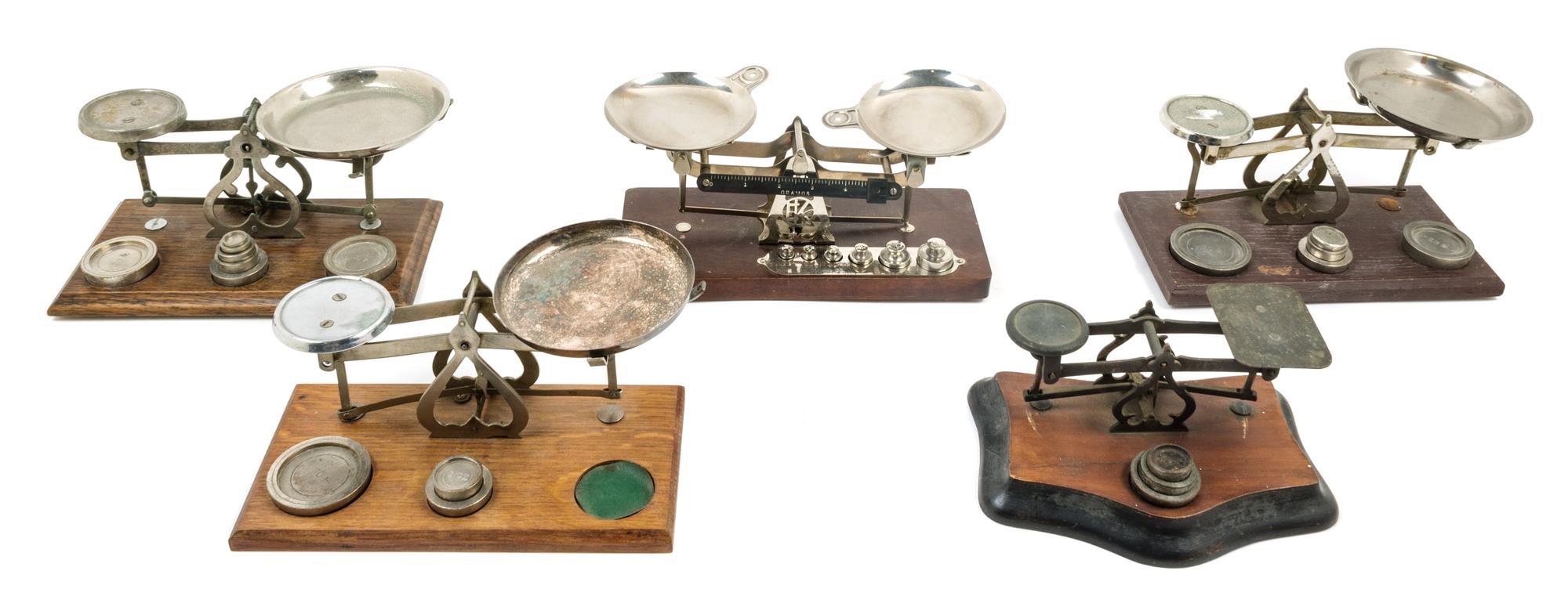 A Group of Four Nickel-Plated Balance Scales Width of widest 9 inches.