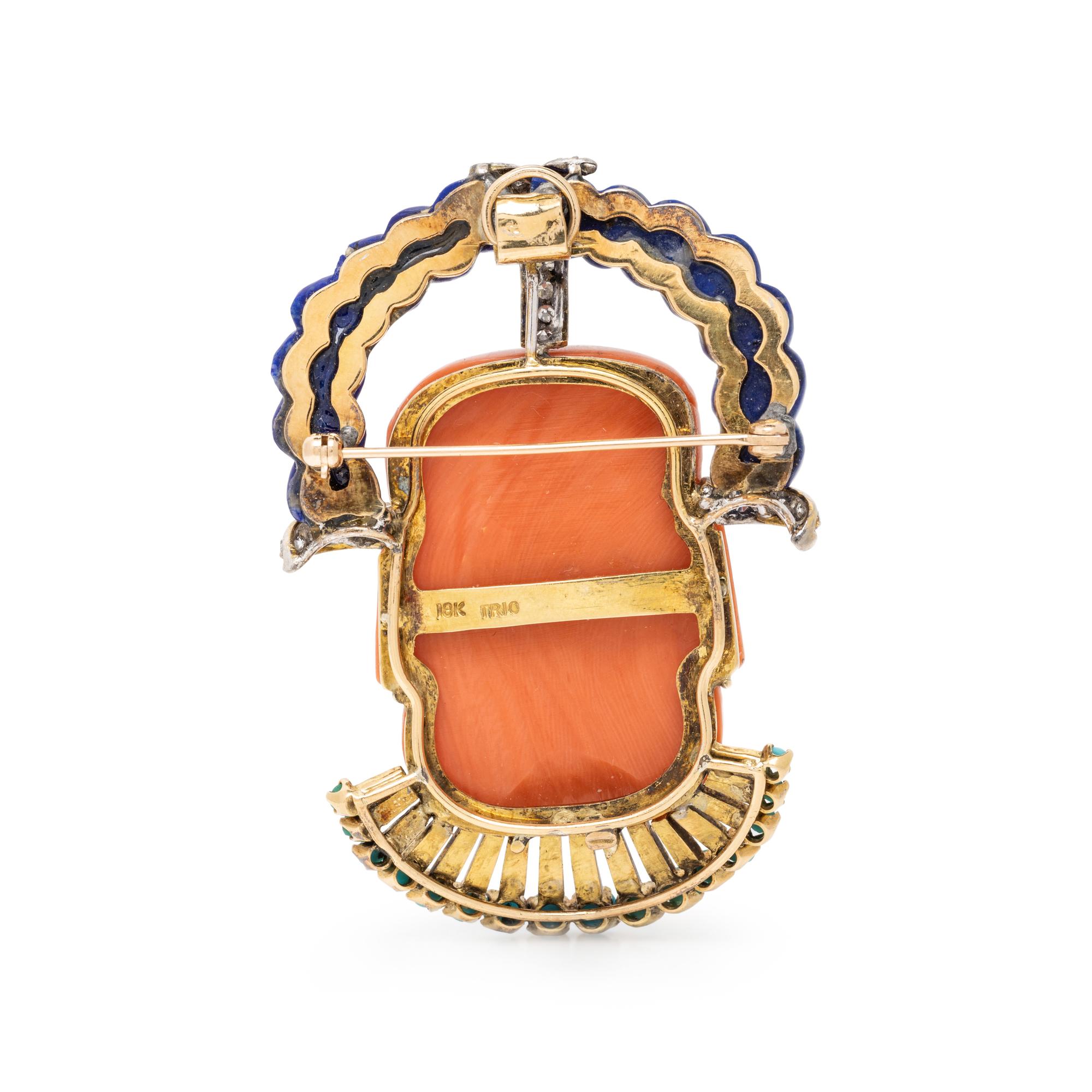 TRIO, CORAL, LAPIS LAZULI, TURQUOISE, AND DIAMOND BROOCH/PENDANT