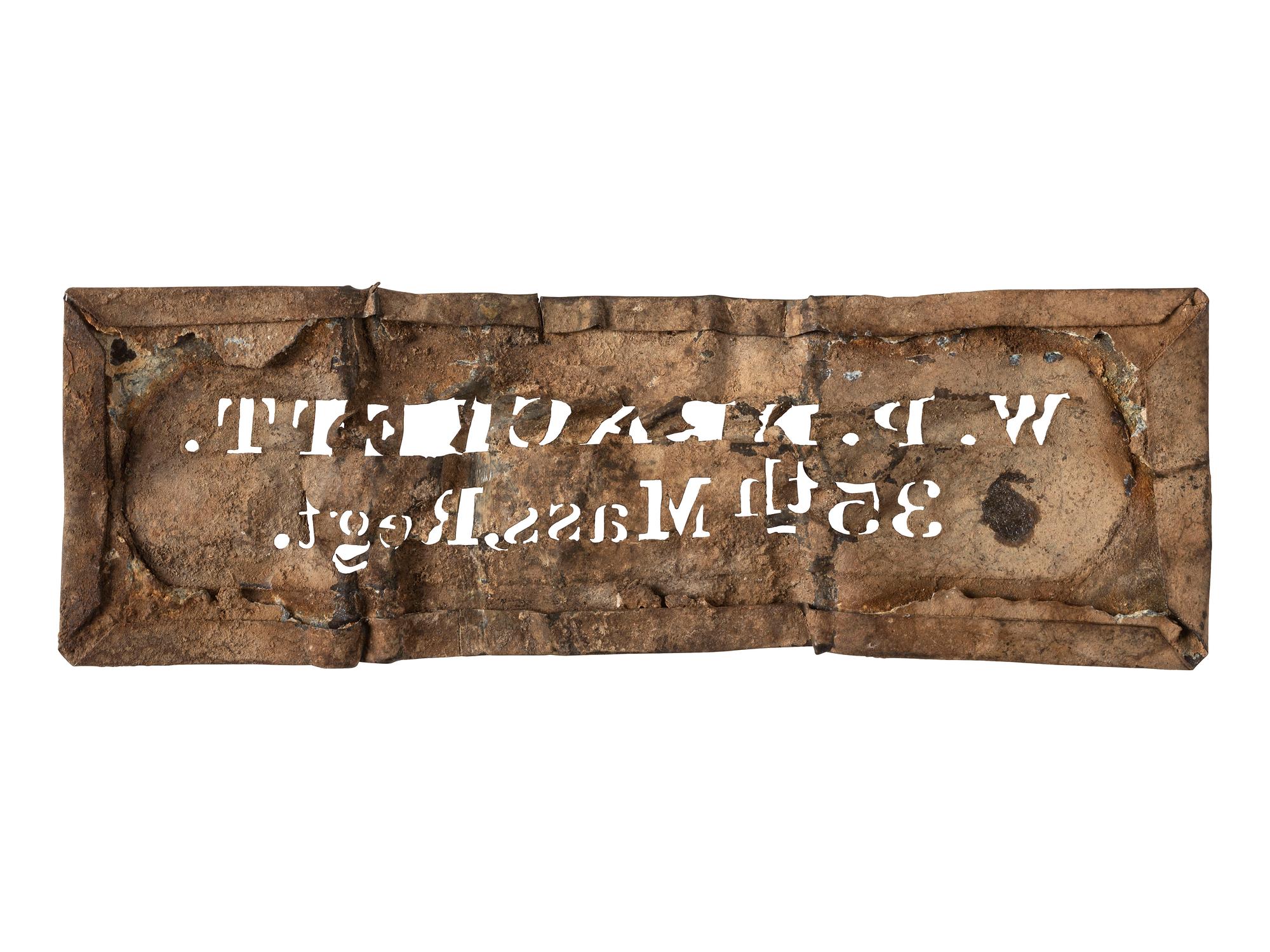 [CIVIL WAR]. Civil War soldier's stencil identified to W.R. Brackett, 35th Massachusetts Infantry, found at Cold Harbor.