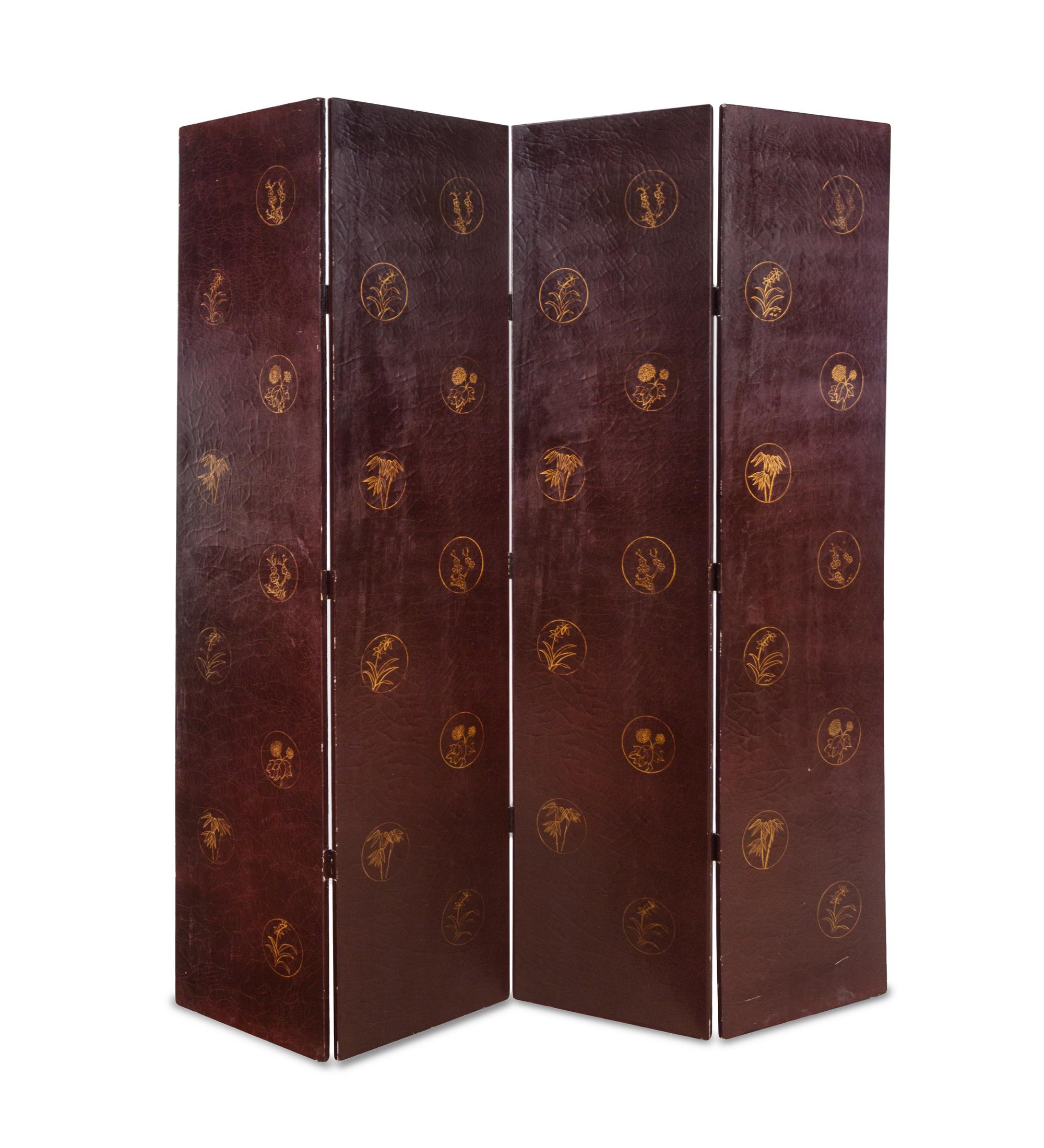 A Chinoiserie Decorated Leather Four-Panel Floor Screen