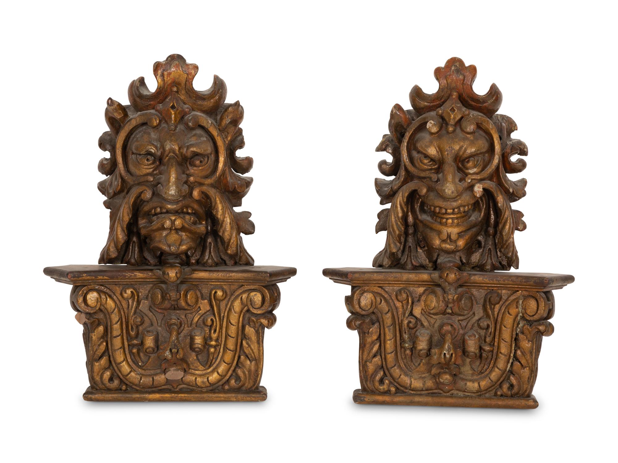 A Pair of Venetian Carved Wood Mask Wall Appliqués