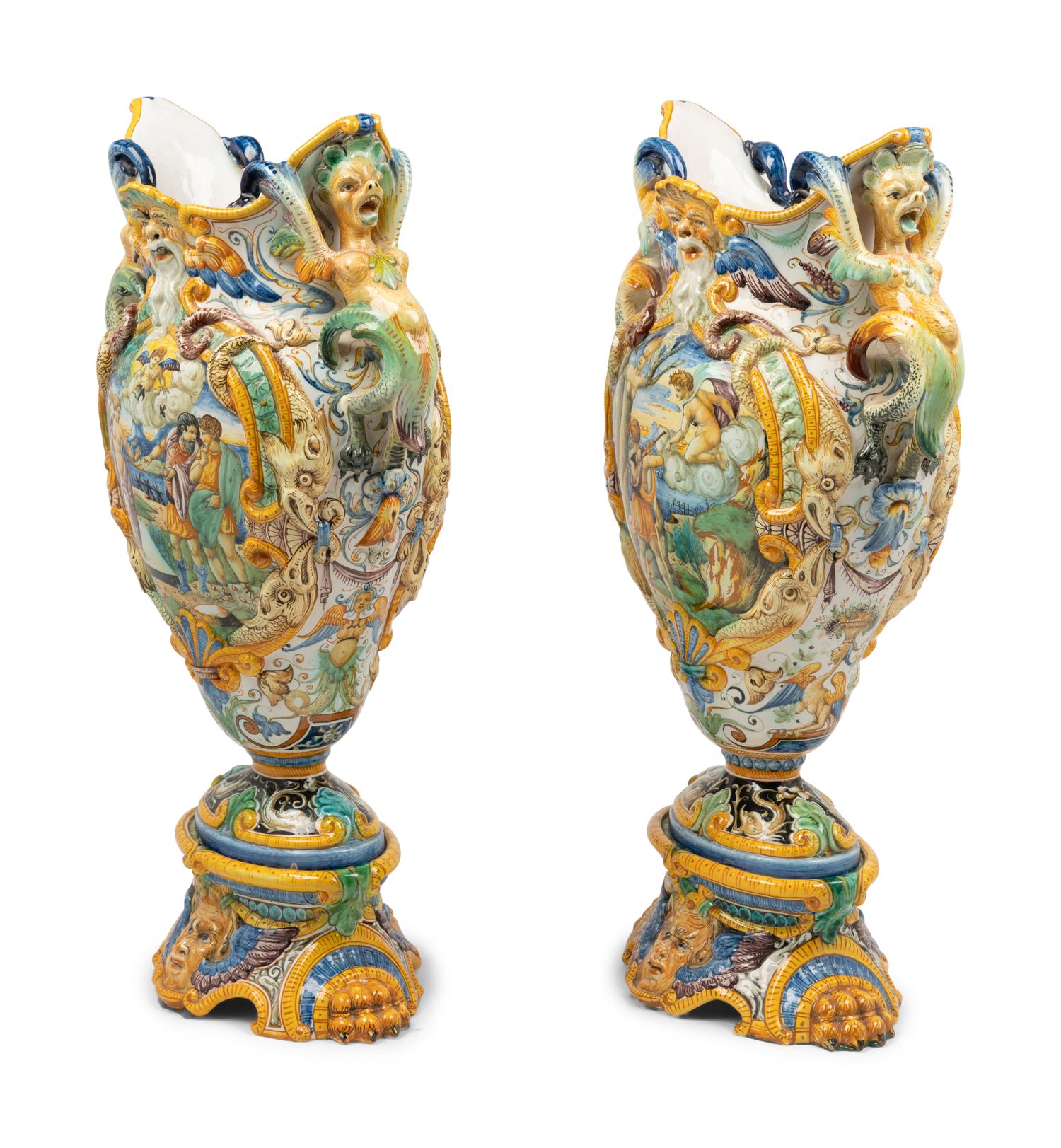 A Pair of Italian Majolica Urns