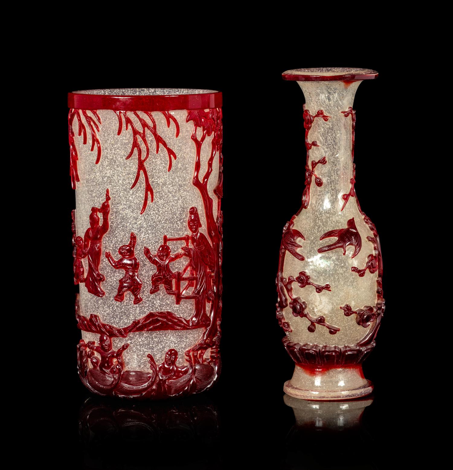 Two Chinese Ruby-Red Overlay Snowflake Ground Glass Vessels