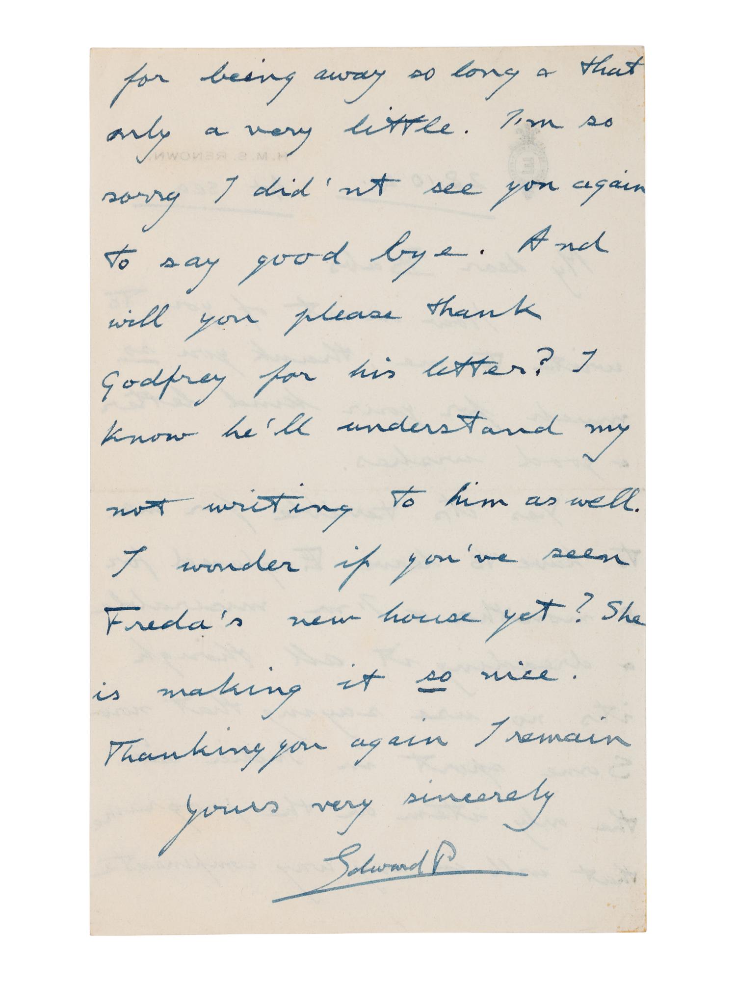 [ENGLISH & CONTINENTAL MANUSCRIPTS]. EDWARD VIII, Duke of Windsor (1894-1972). Autograph letter letter signed ("Edward P") to "Babs." HMS Renown, 28 October 1921.