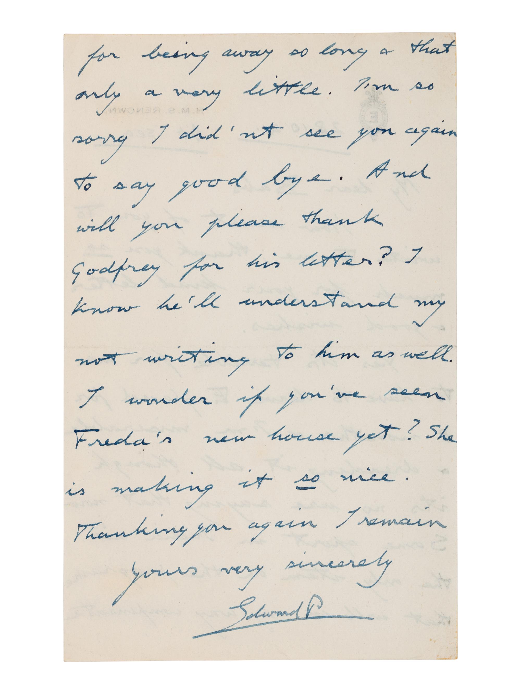 [ENGLISH & CONTINENTAL MANUSCRIPTS]. EDWARD VIII, Duke of Windsor (1894-1972). Autograph letter letter signed ("Edward P") to "Babs." HMS Renown, 28 October 1921.
