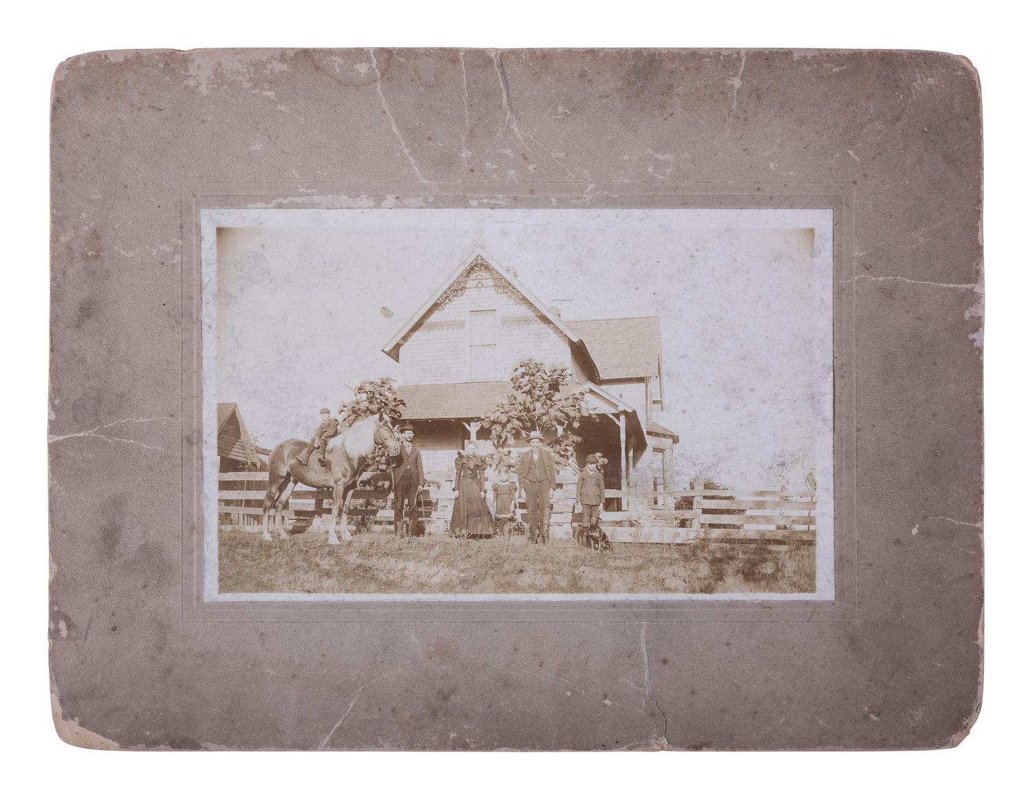 [EARLY PHOTOGRAPHY]. Half plate tintype of men, horses, & a dog outside of a "Picture Gallery."