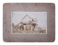 [EARLY PHOTOGRAPHY]. Half plate tintype of men, horses, & a dog outside of a "Picture Gallery."