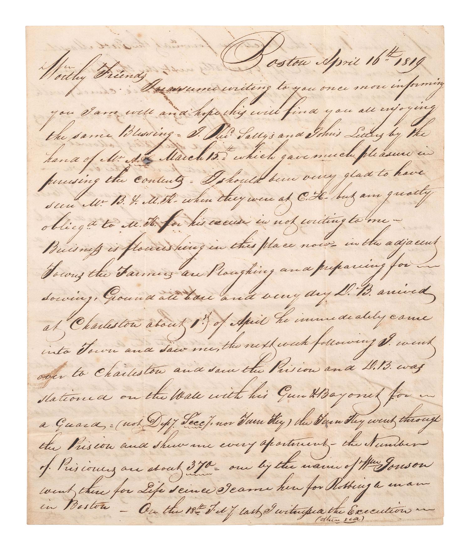 [PIRATES]. 3 page ALS describing botched pirate execution. Boston, 16 April 1819.
