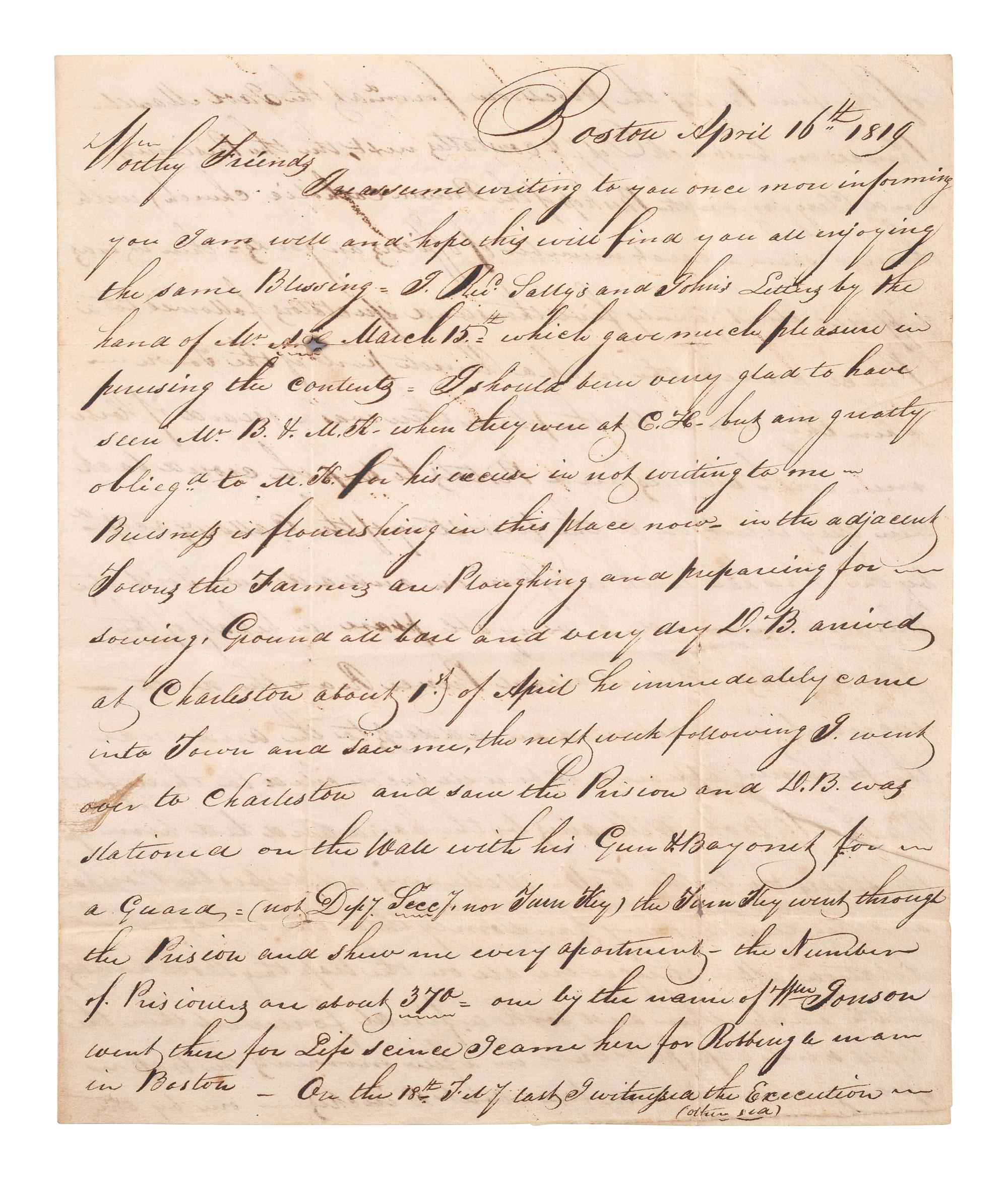 [PIRATES]. 3 page ALS describing botched pirate execution. Boston, 16 April 1819.