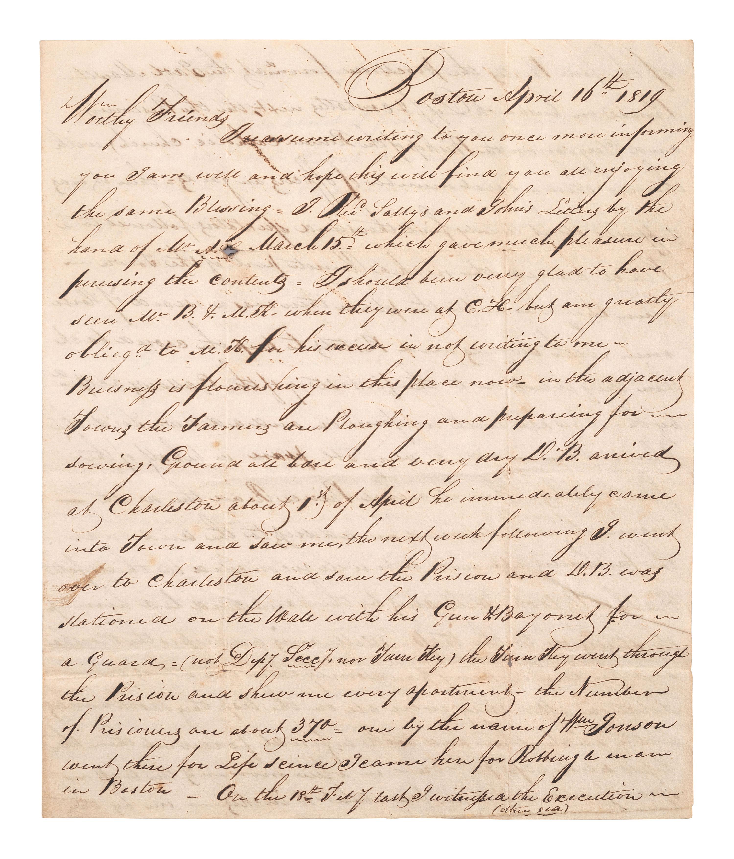 [PIRATES]. 3 page ALS describing botched pirate execution. Boston, 16 April 1819.