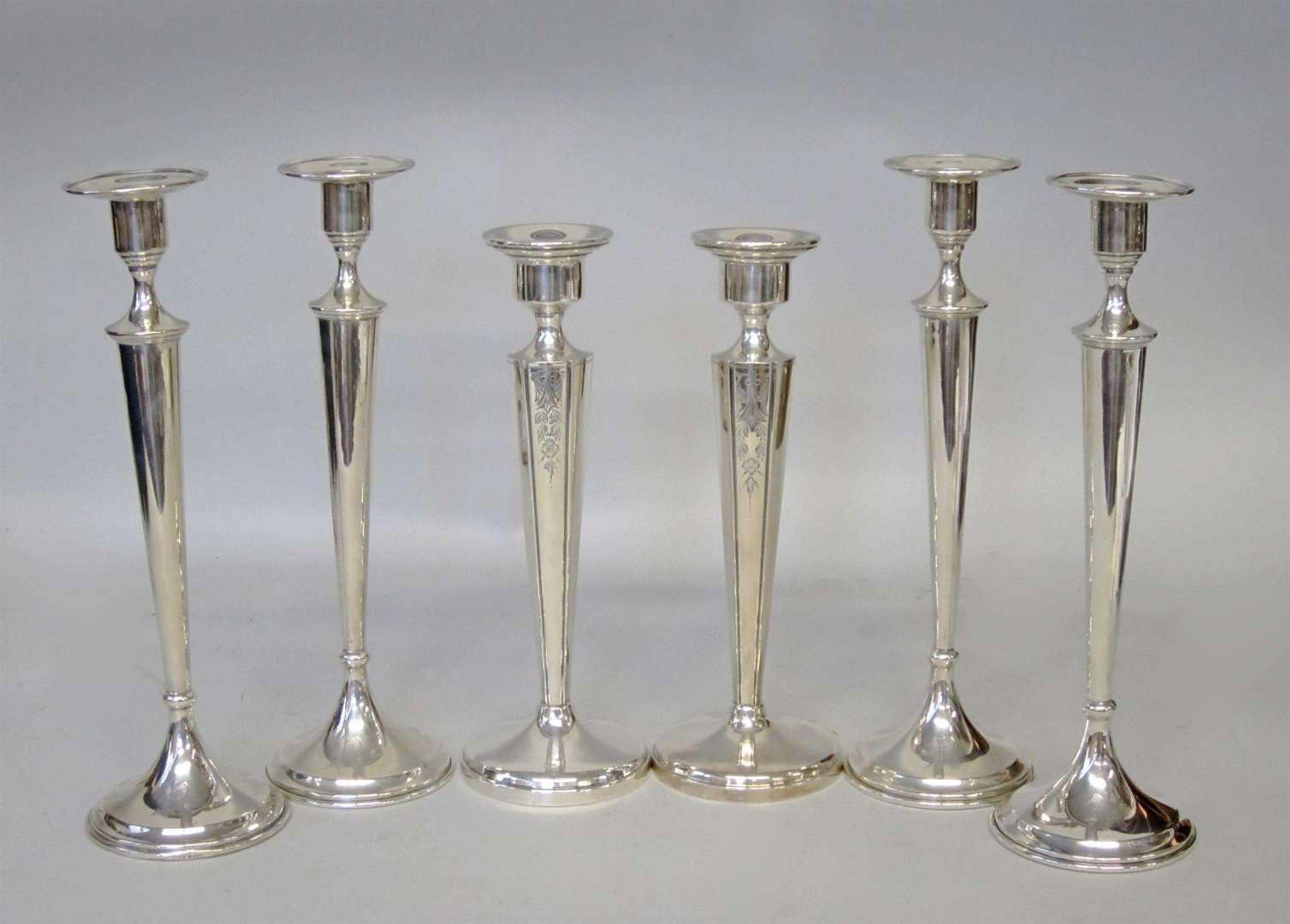 Three pair sterling silver candlesticks retailed by bailey, banks, & biddle, 20th century