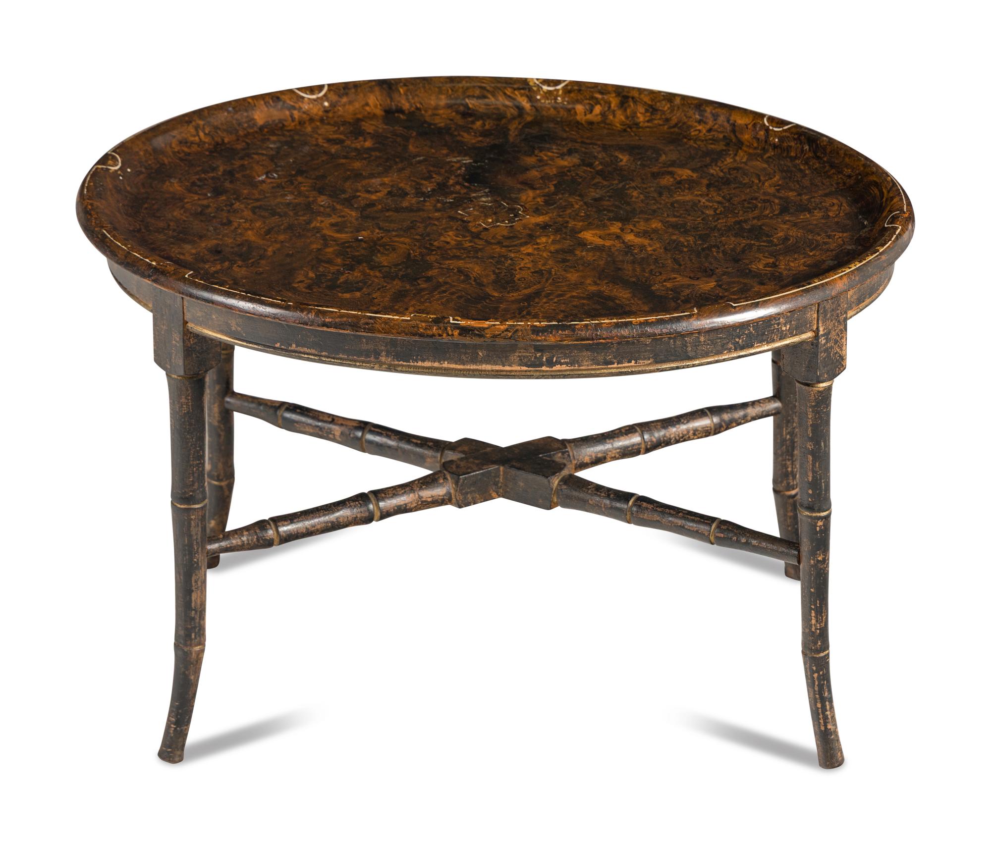 A Faux Bois and Parcel Gilt Papier-Mâché Tray on Stand