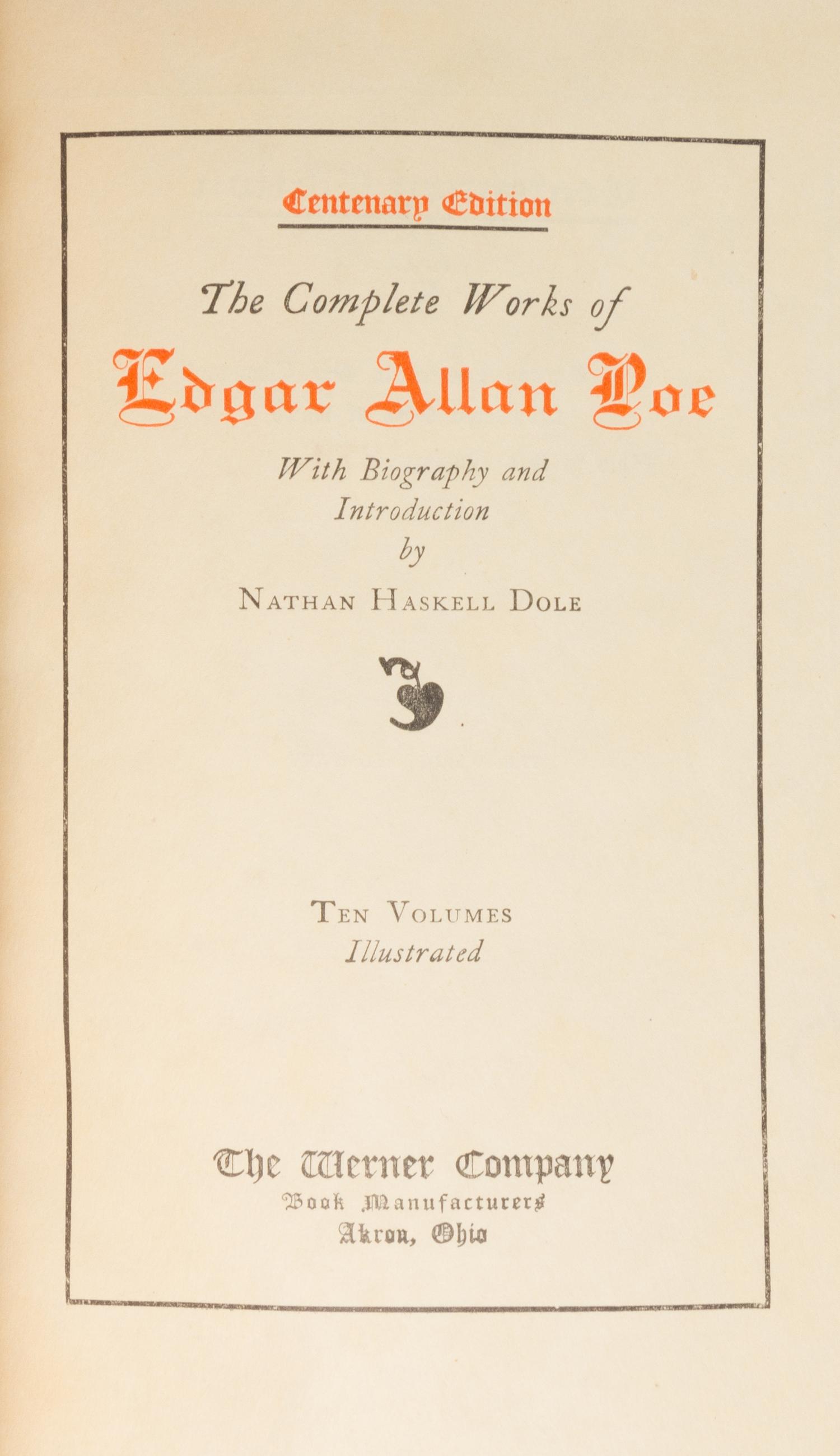 POE, EDGAR ALLAN. The Complete Works. Akron, OH, 1908. 10 vols.