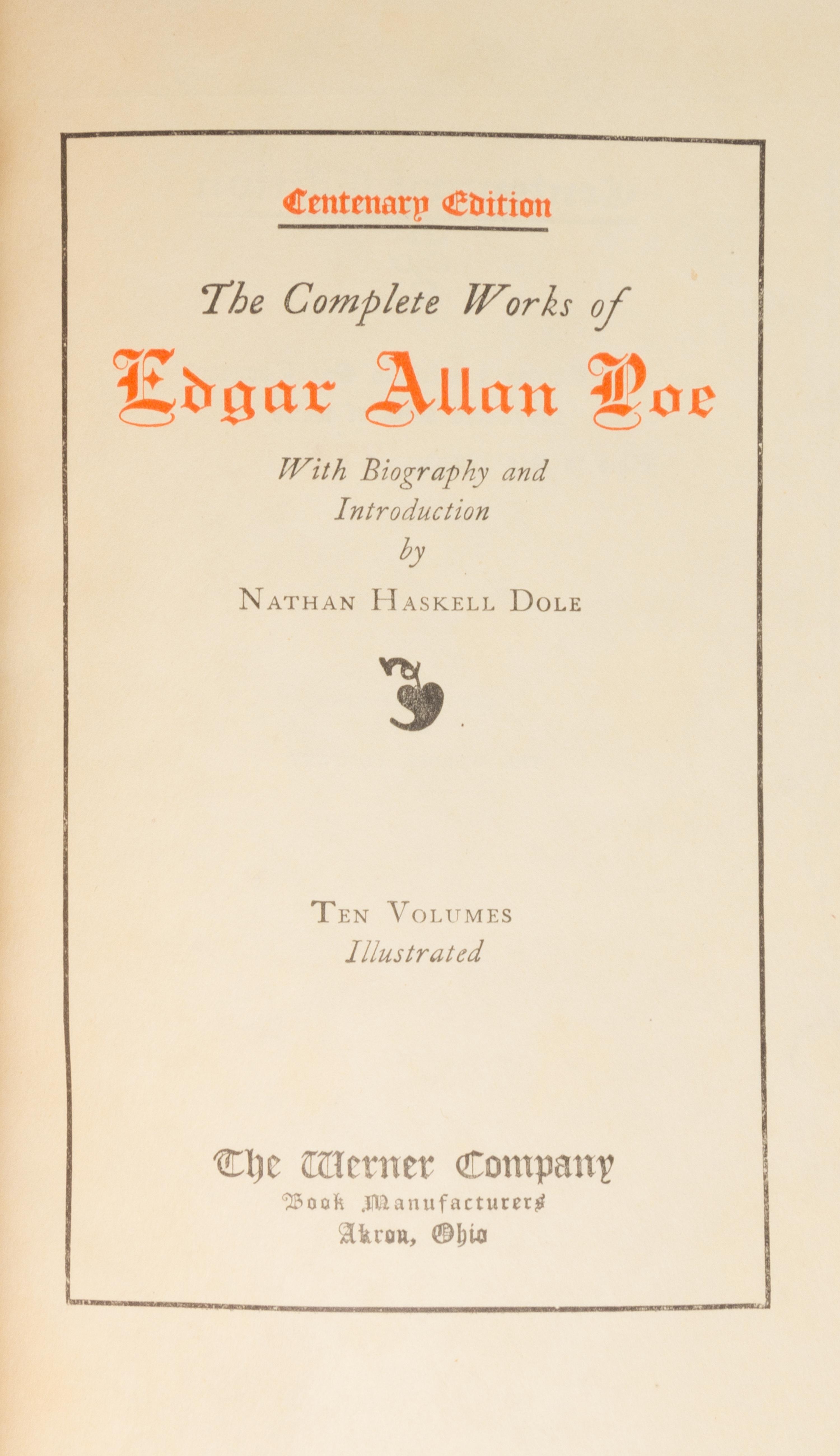 POE, EDGAR ALLAN. The Complete Works. Akron, OH, 1908. 10 vols.