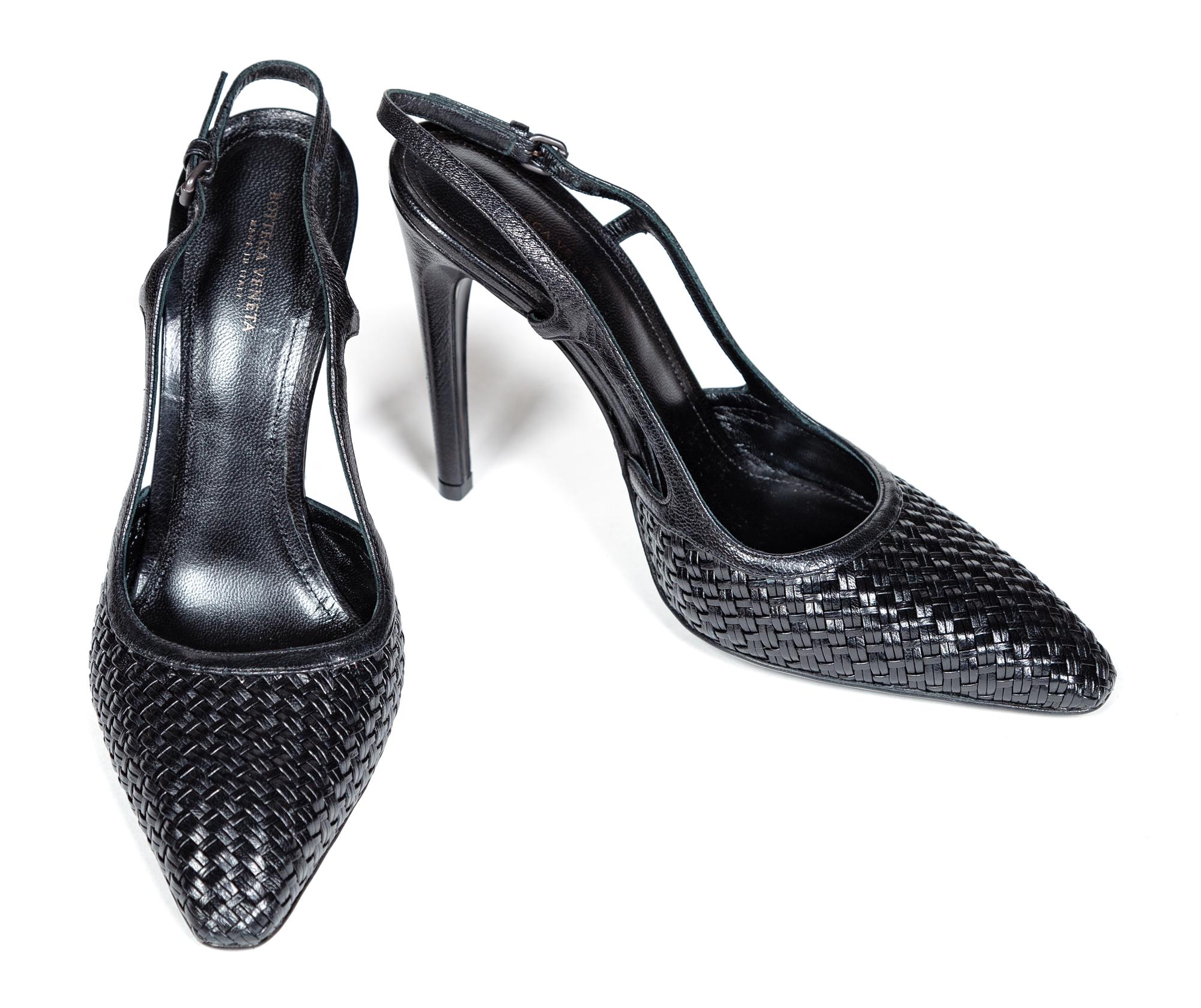 A Pair of Bottega Veneta Black Intrecciato Slingbacks, Size 38.5.