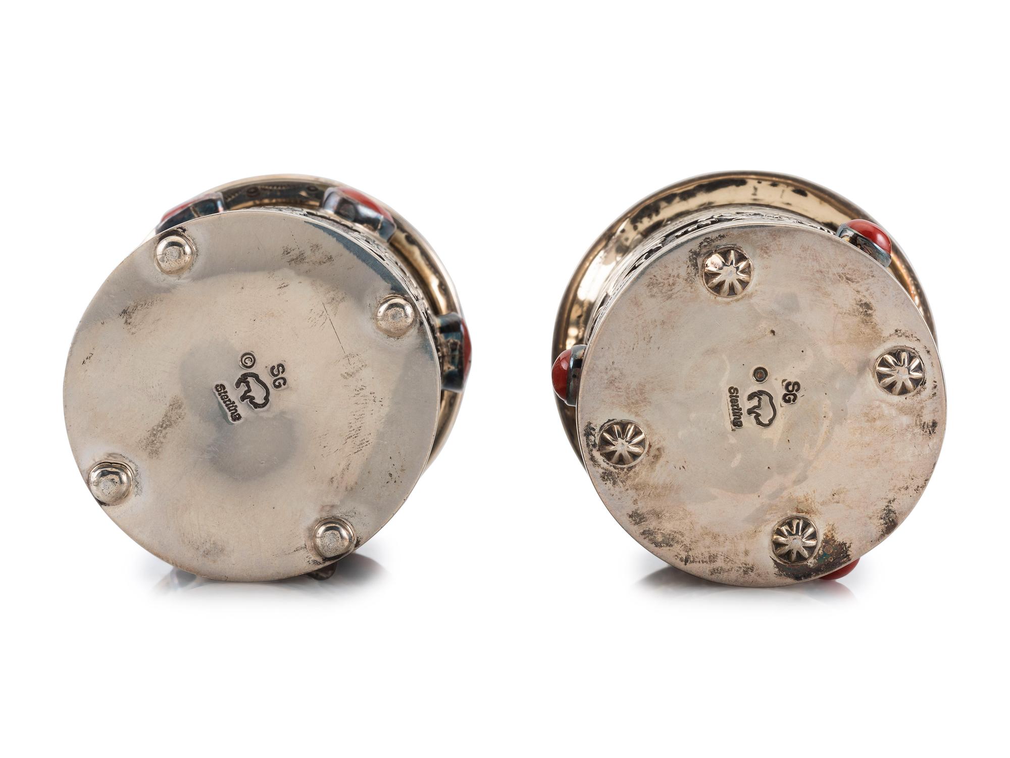 Stamped Sterling Silver Lidded Cases, with Turquoise and Coral Inlay