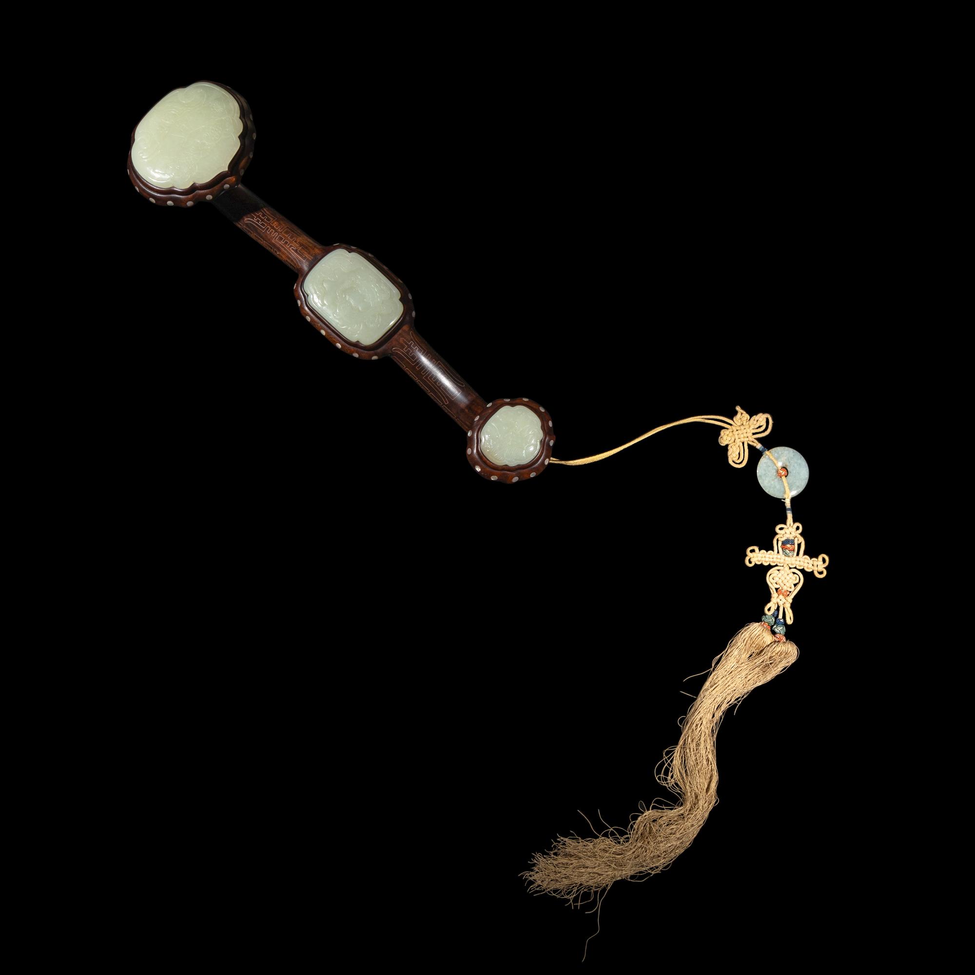 A Chinese Celadon Jade Inset Silver Inlaid Rosewood Ruyi Scepter, Late 19th-20th Century 晚清-民国 硬木嵌螺鈿青白玉福壽如意