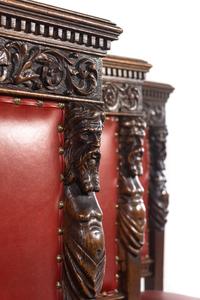 A Set of Eight R.J. Horner Carved Oak Man of the Mountain Dining Chairs