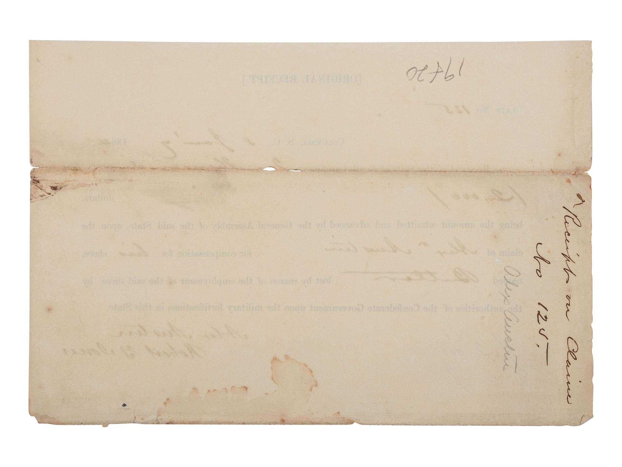[ENSLAVEMENT & ABOLITION]. A pair of documents related to claims for compensation made by enslavers to the Confederate States Army for deceased slaves. South Carolina, 1864-65.
